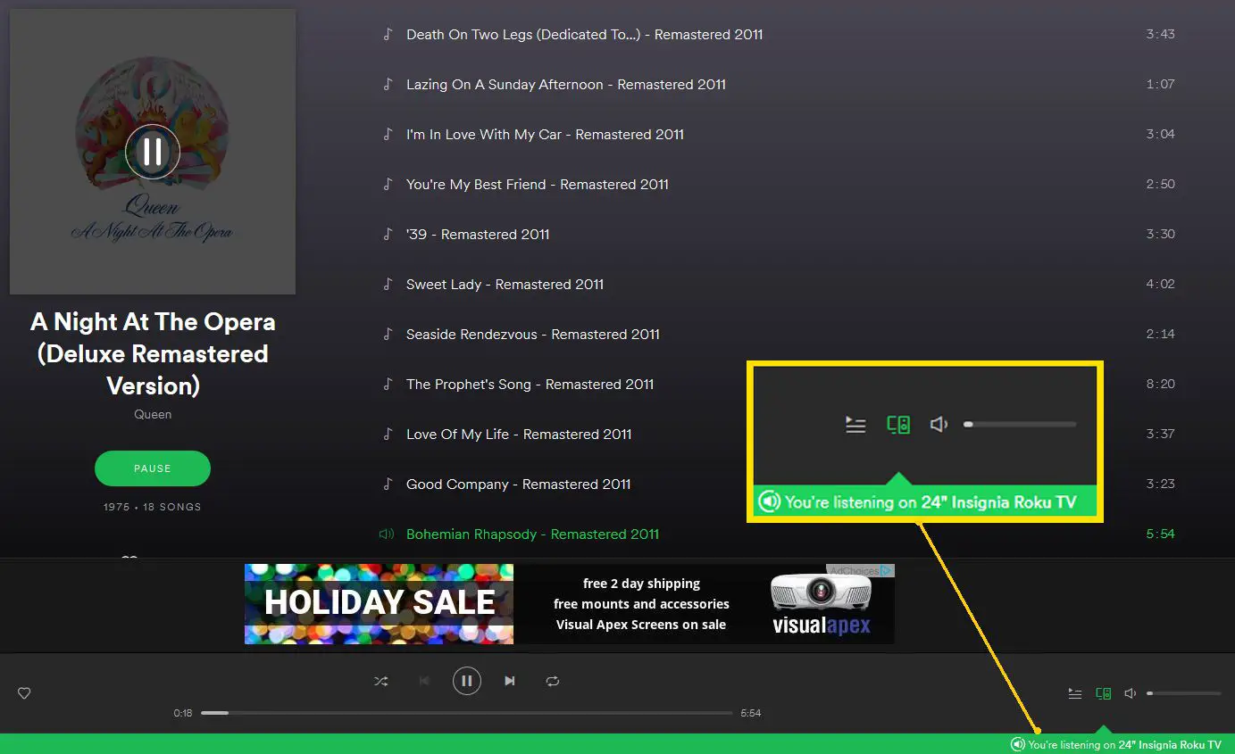 Confirmação do dispositivo da barra verde do Spotify Web Player