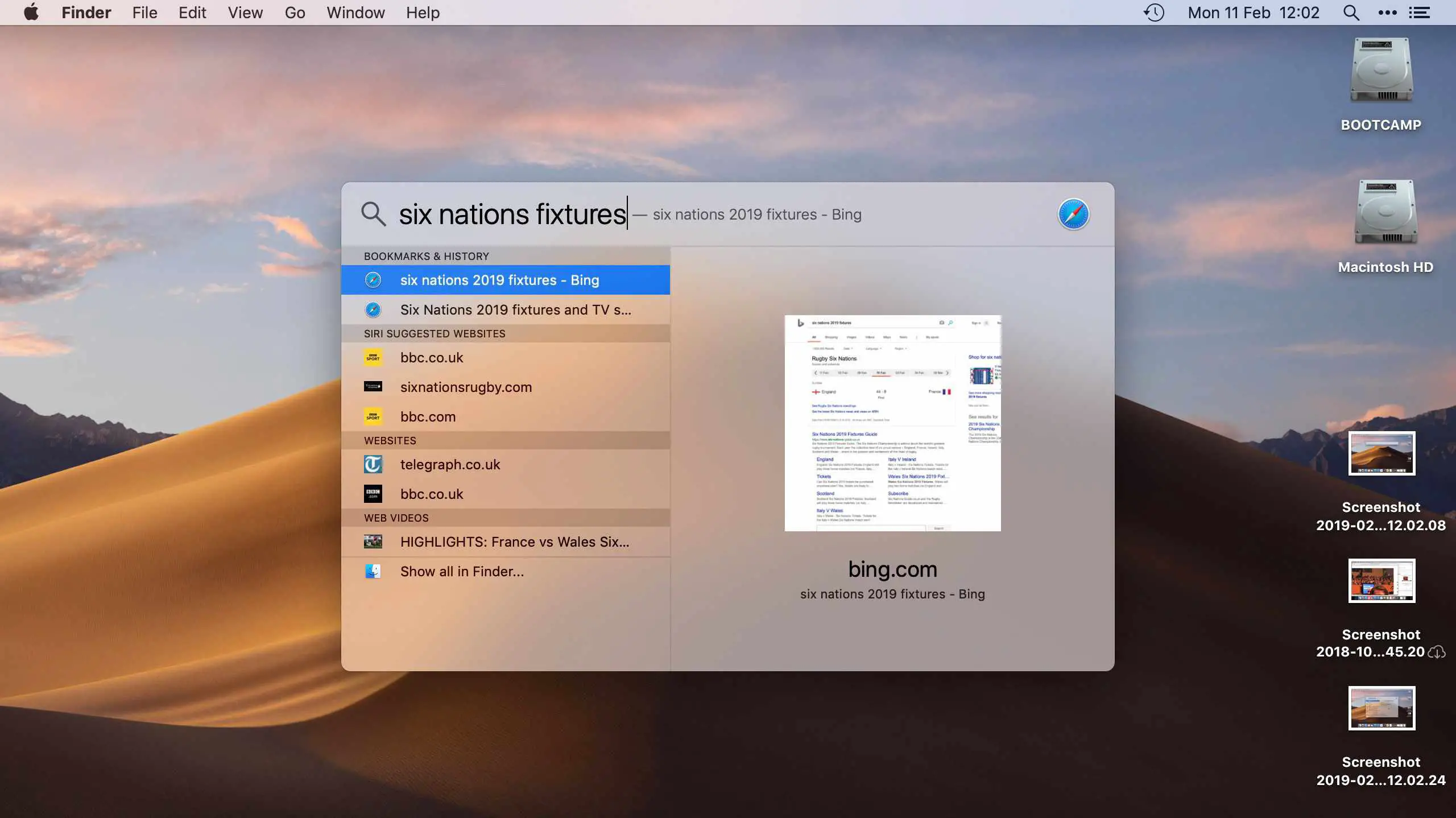 Pesquisa Spotlight mostrando resultados em um Mac