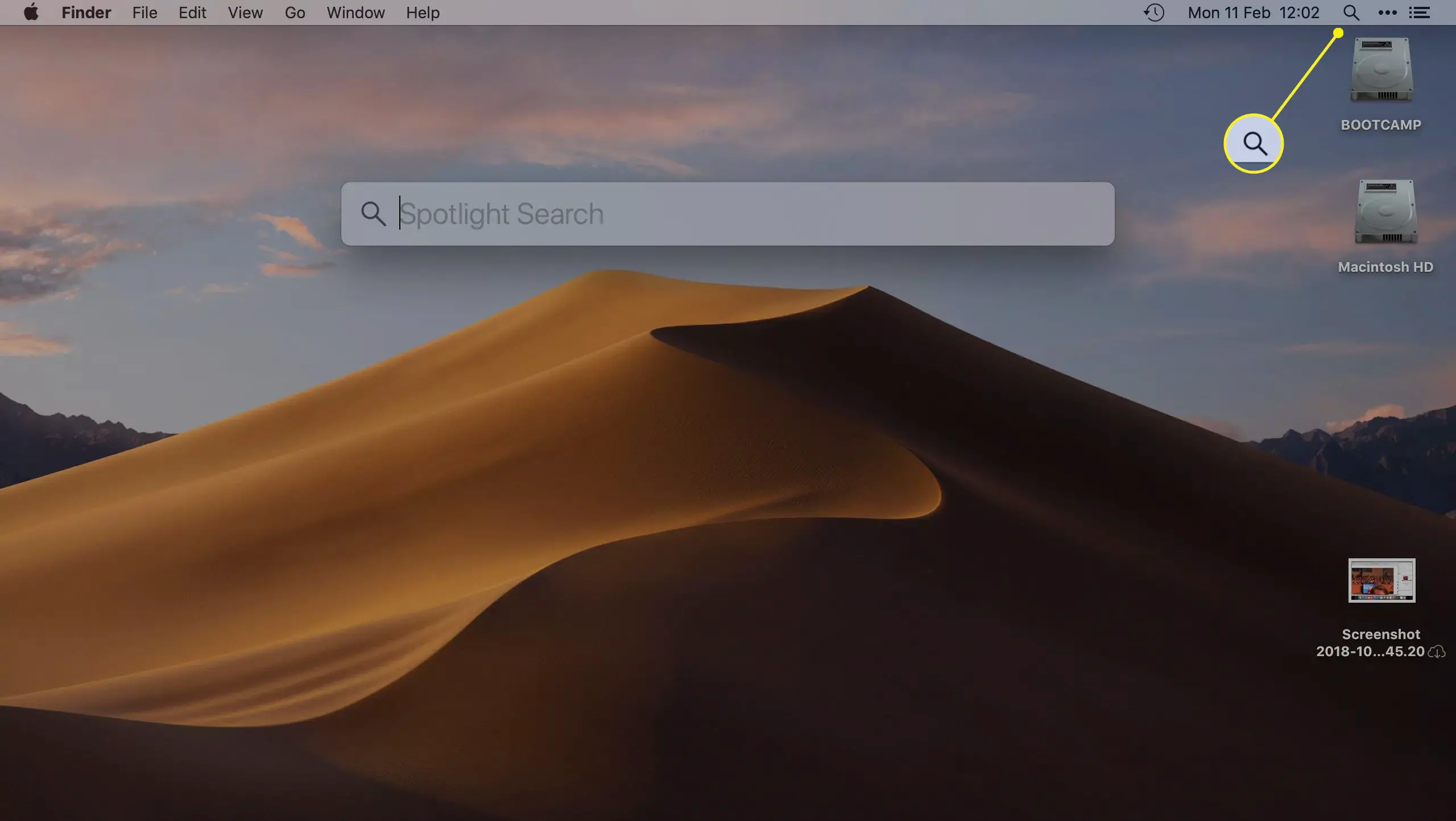 Ícone de pesquisa do Spotlight na barra de menu do Mac