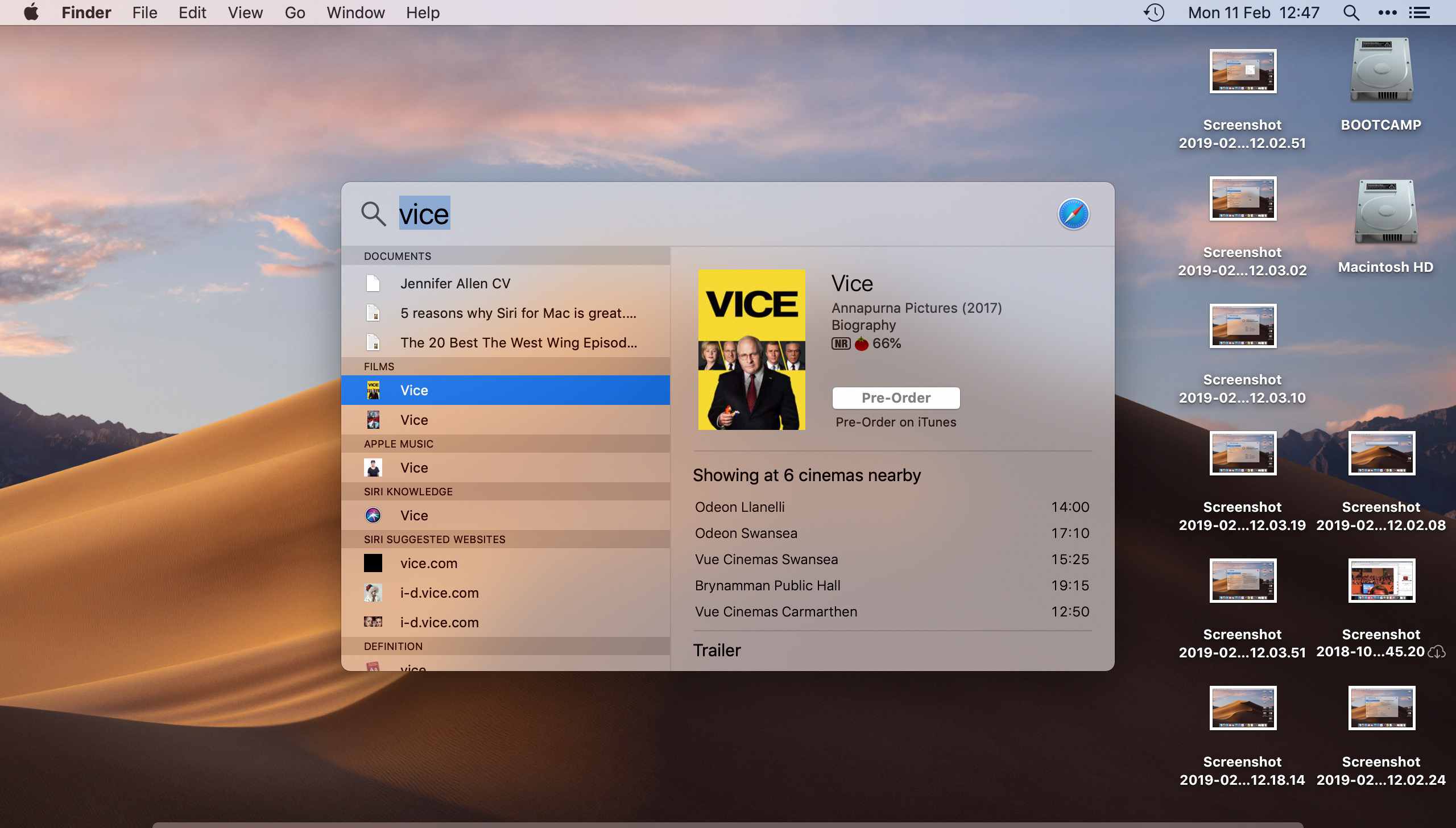 Visualização da compra do filme de busca do Mac OS Spotlight