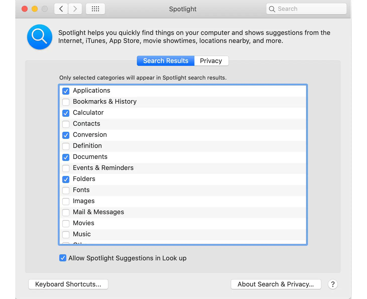 Preferências do sistema Mac mostrando as preferências do Spotlight