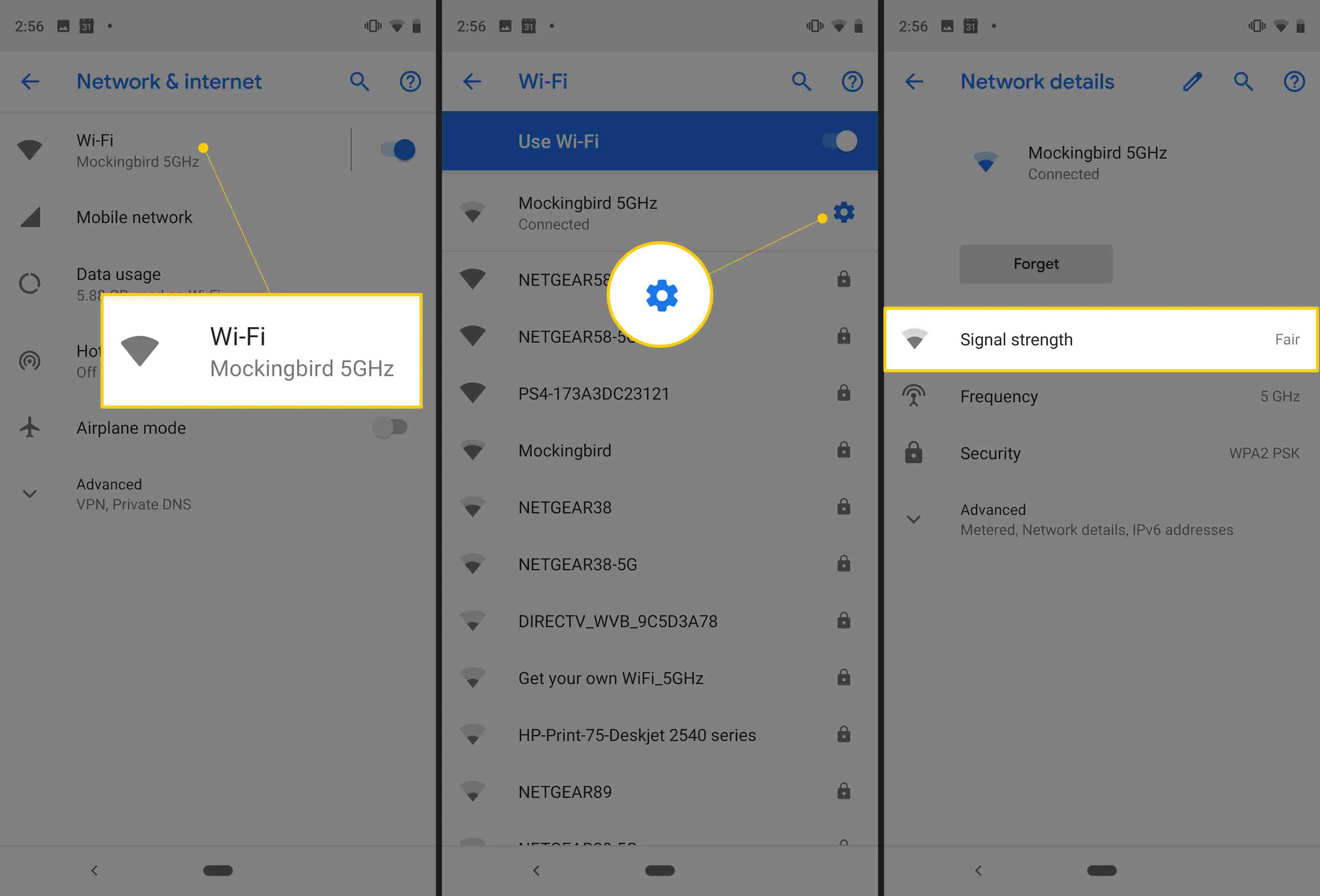 Rede e Internet, ícone de engrenagem Wi-Fi e indicador de intensidade do sinal no Android