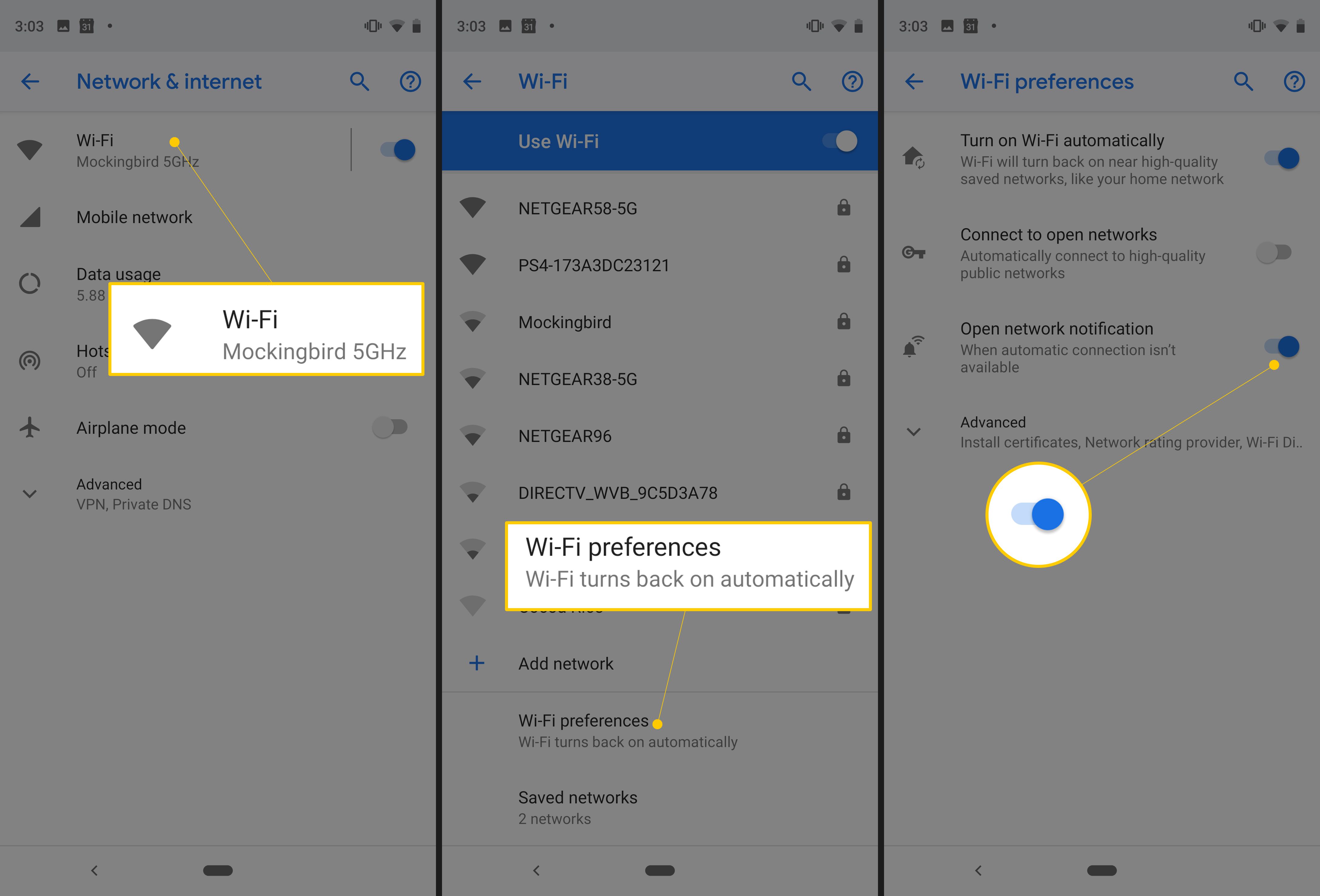 Wi-Fi, preferências de Wi-Fi e notificação de rede aberta alternam para ATIVADO no Android