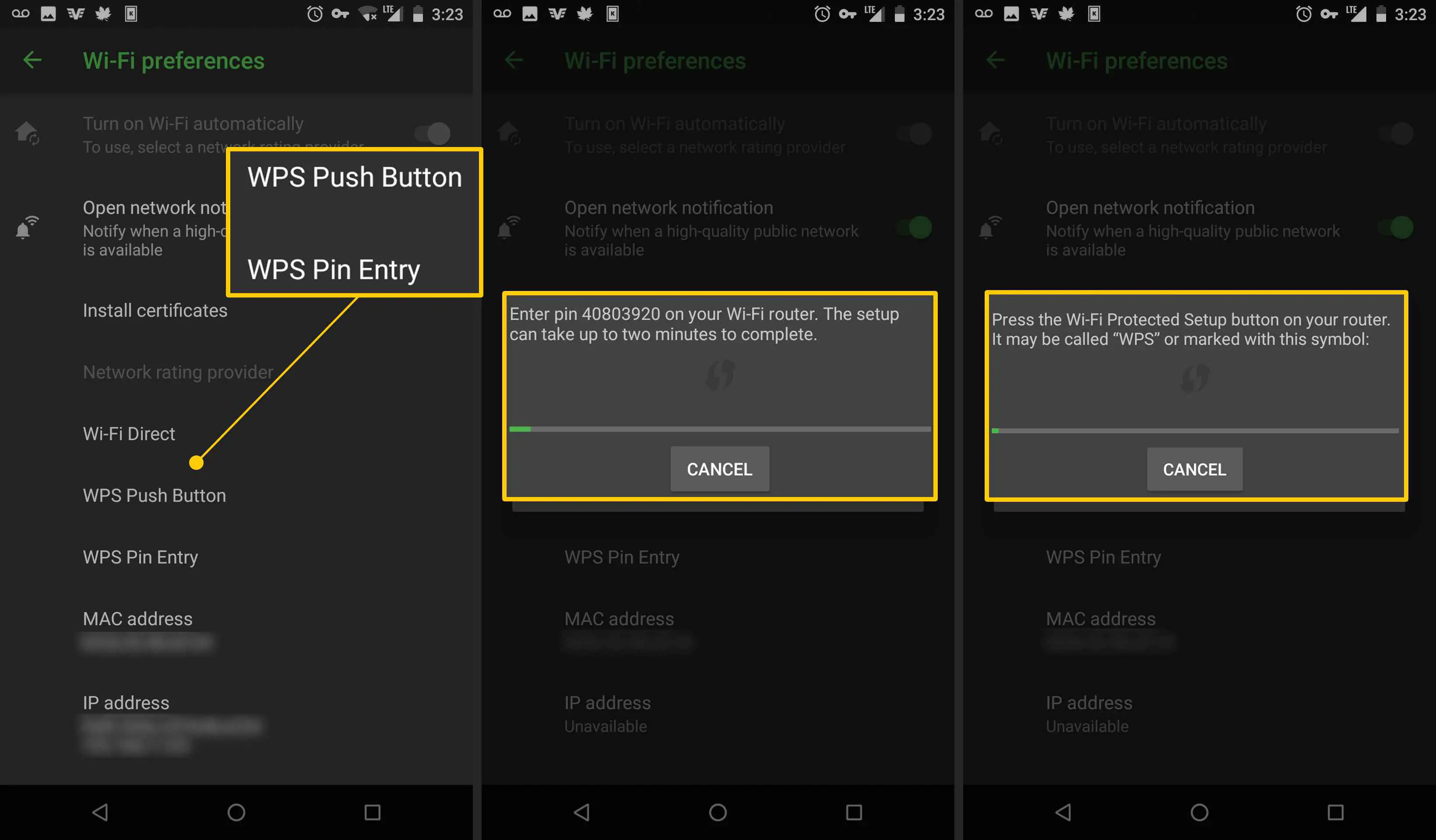Botão WPS e entrada de PIN WPS no Android
