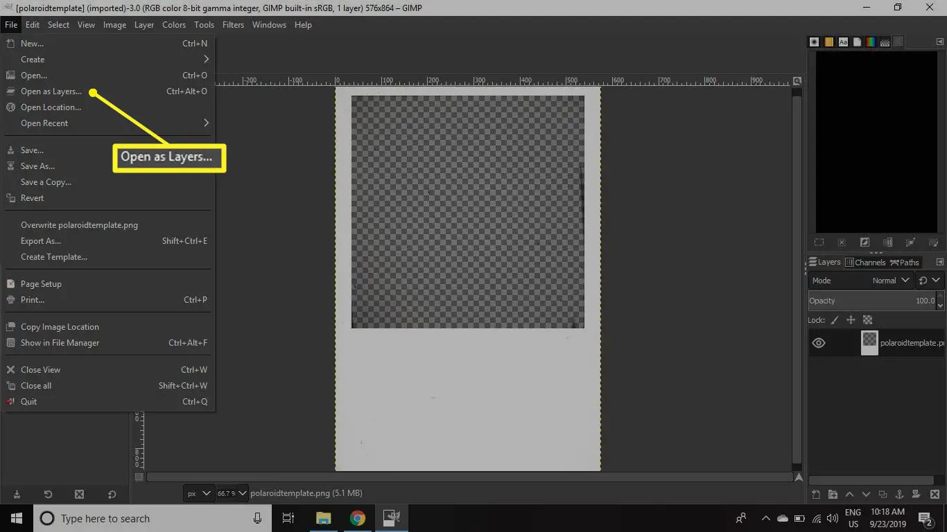 O menu Arquivo do GIMP com Abrir como camadas destacado