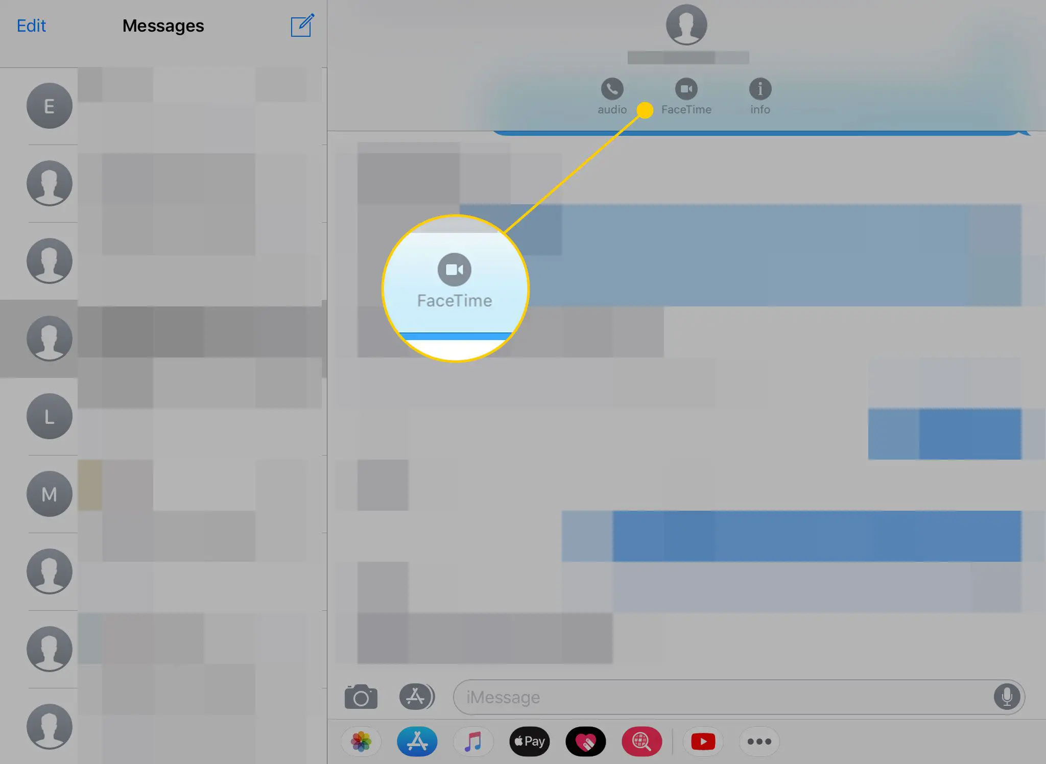 Mensagens no iPad com o ícone FaceTime destacado