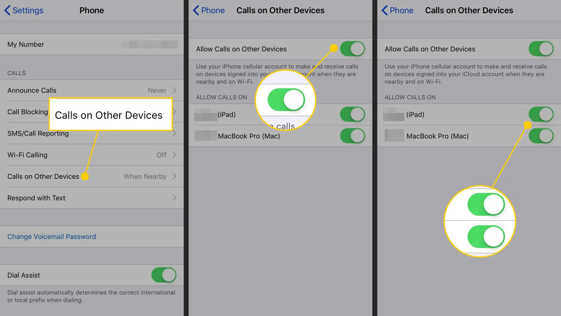 Cabeçalho de chamadas em outros dispositivos e botões de alternância em um iPhone