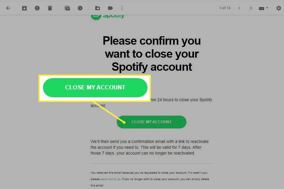 Email confirmando o encerramento da conta Spotify