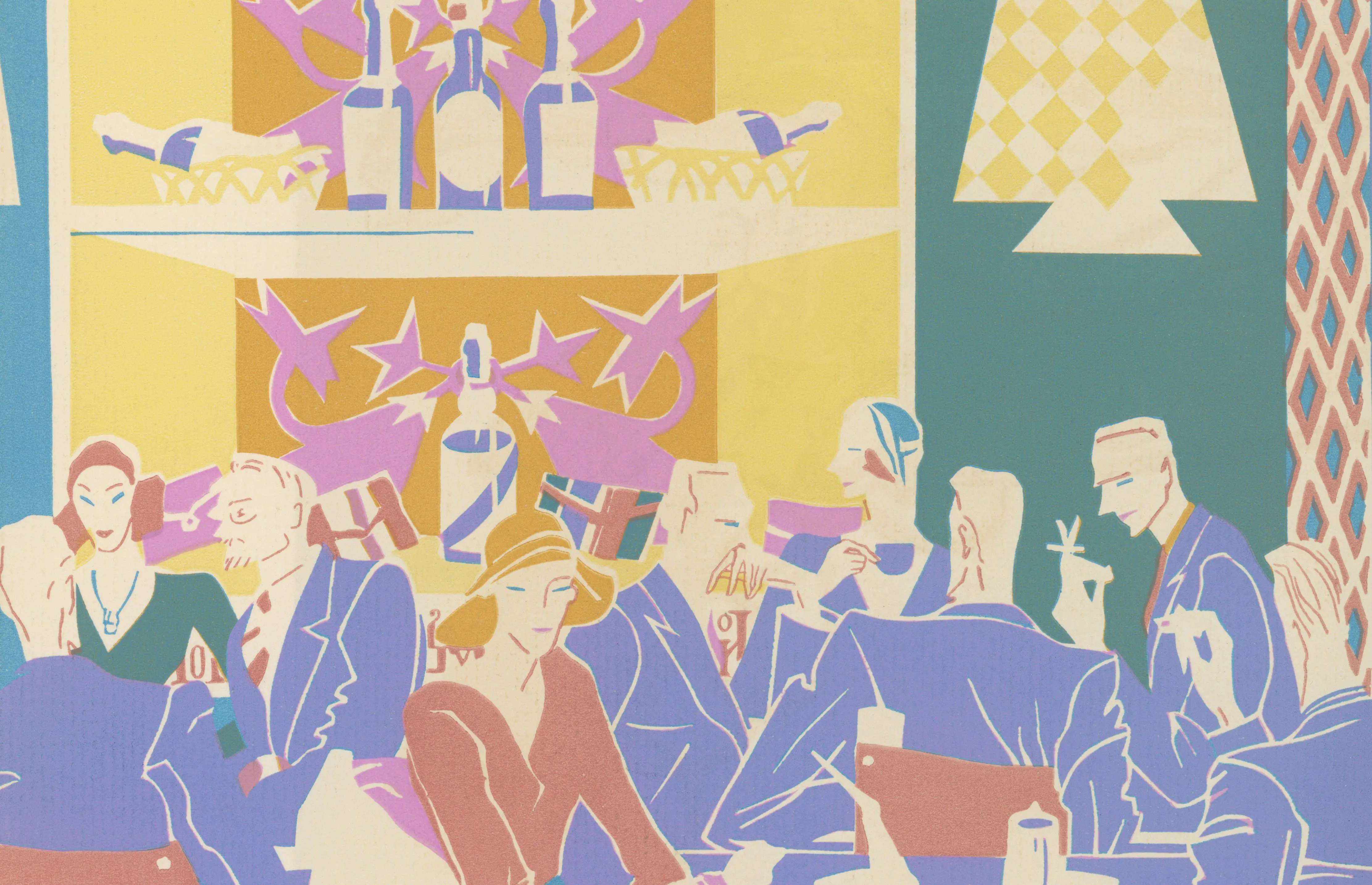 Ilustração histórica em serigrafia de 1931 de clientes sentados em mesas em um clube de jazz em estilo Art Déco