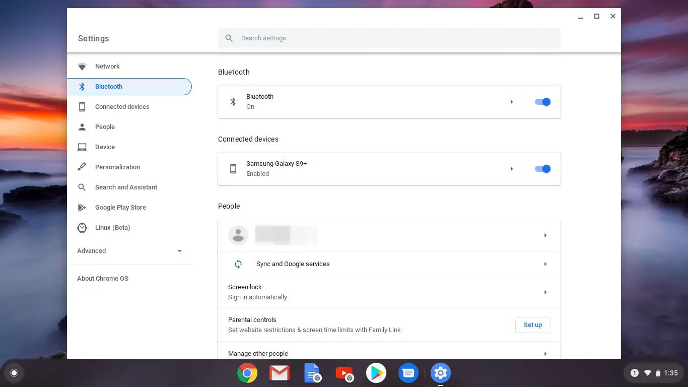 Captura de tela das configurações de Bluetooth do Chromebook.