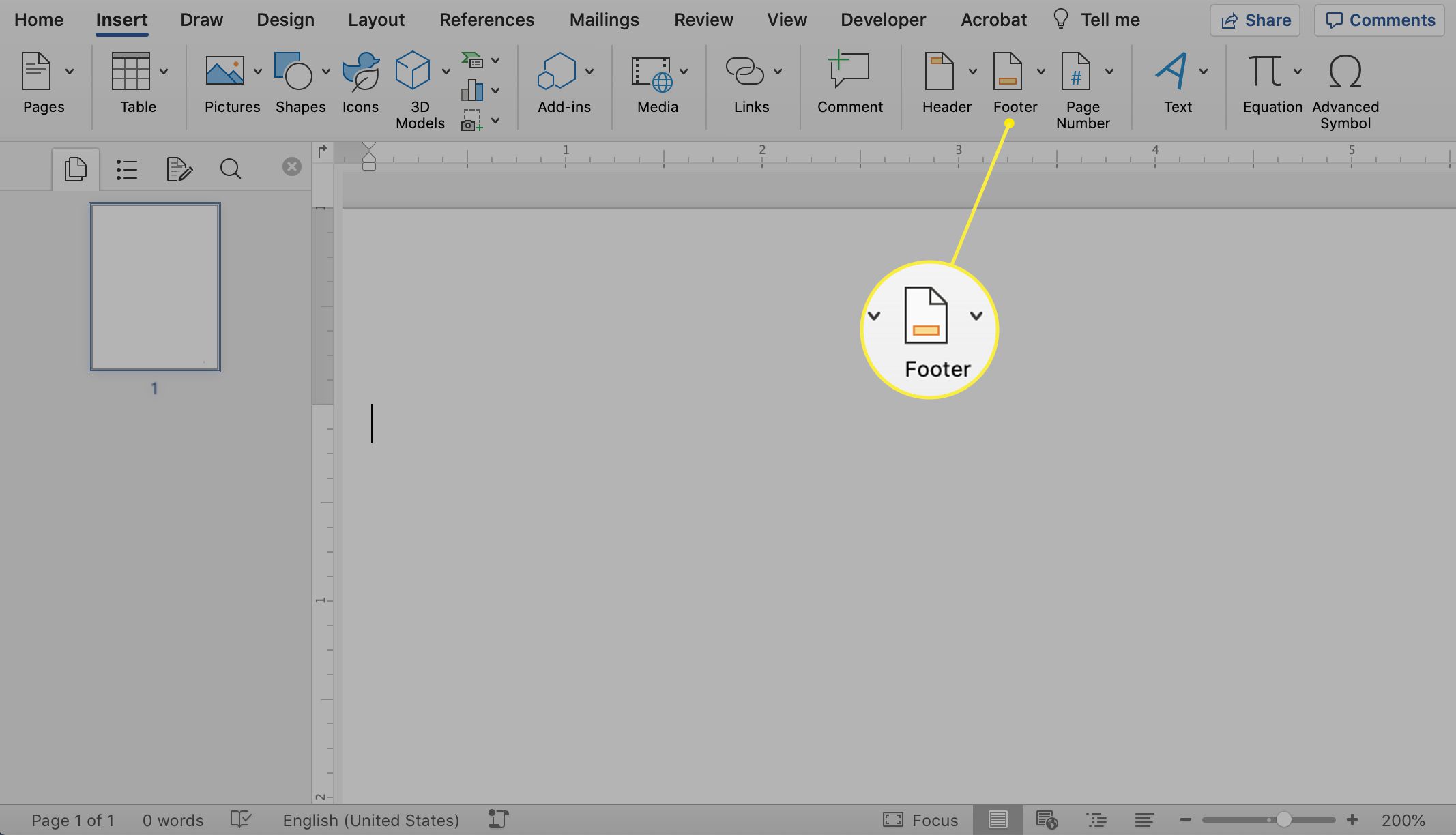 O ícone do rodapé na barra de ferramentas do Microsoft Word