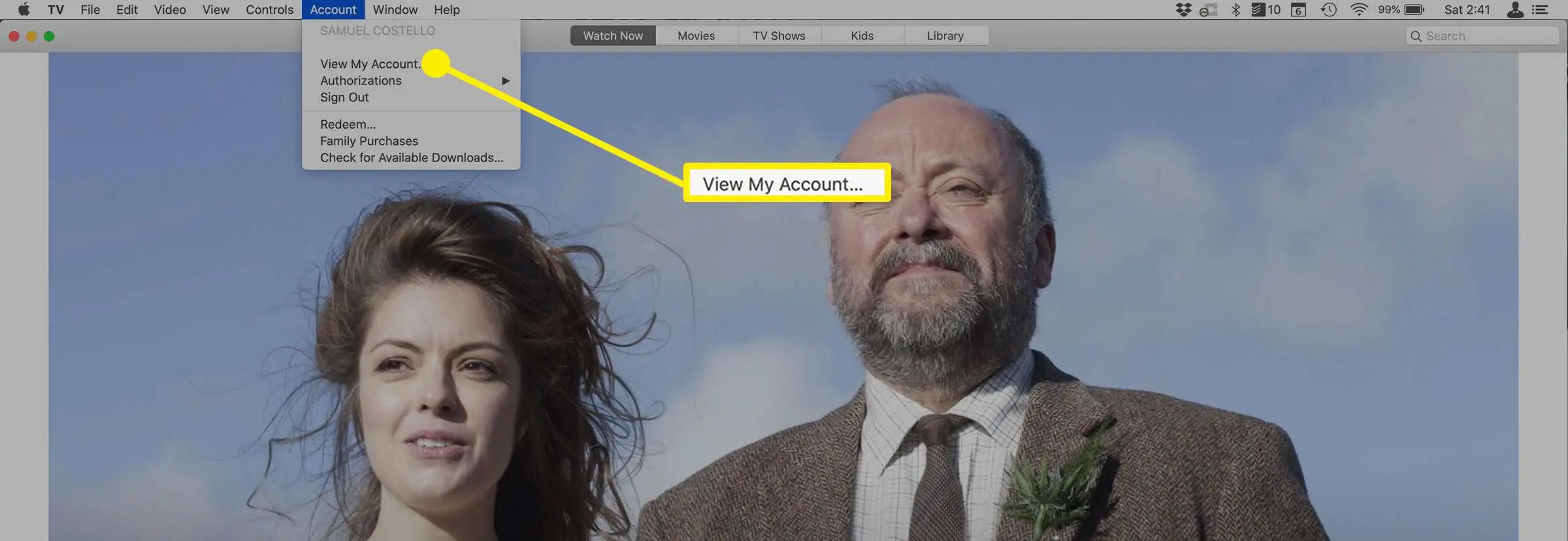 A opção Exibir minha conta no Apple TV Plus no Mac.