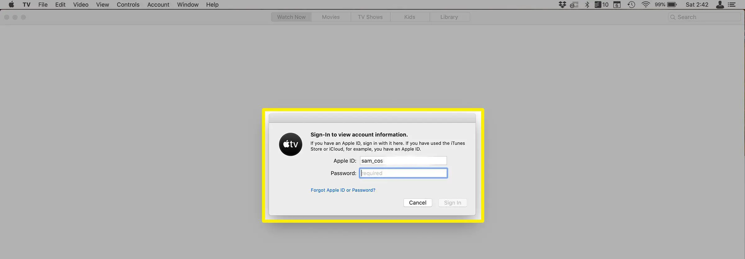 Captura de tela de Login no aplicativo Apple TV no Mac