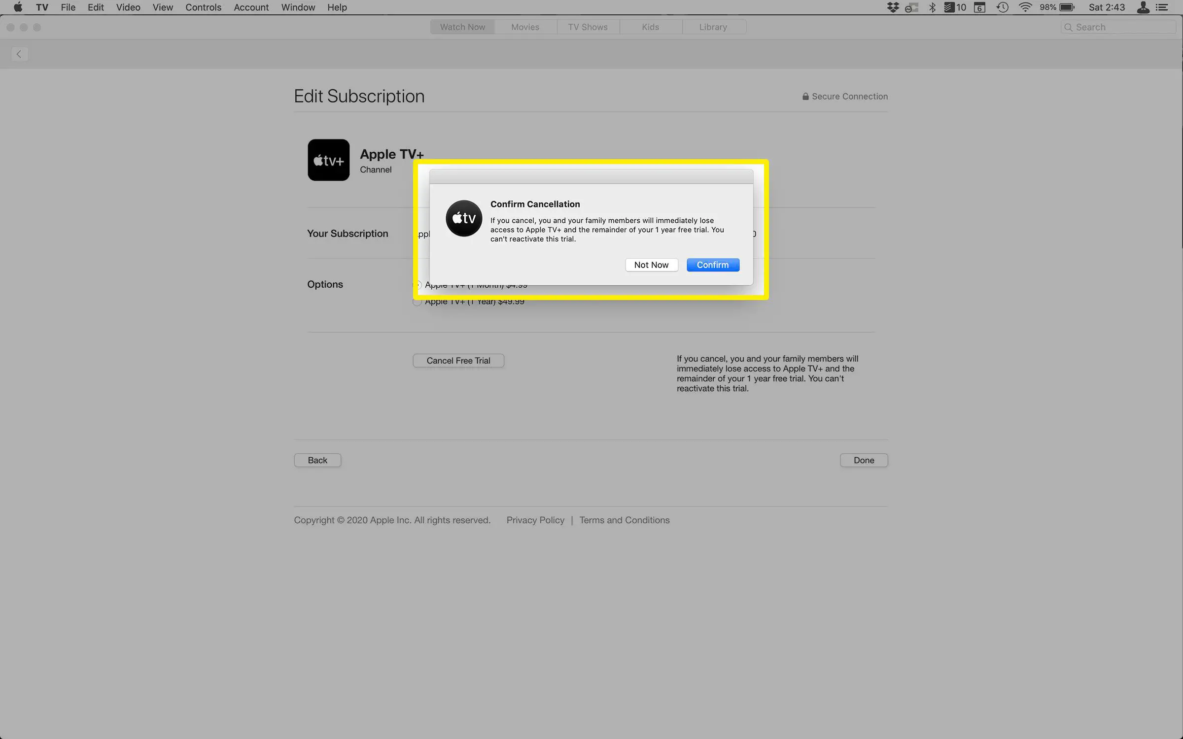 Captura de tela do cancelamento de uma assinatura no Apple ID