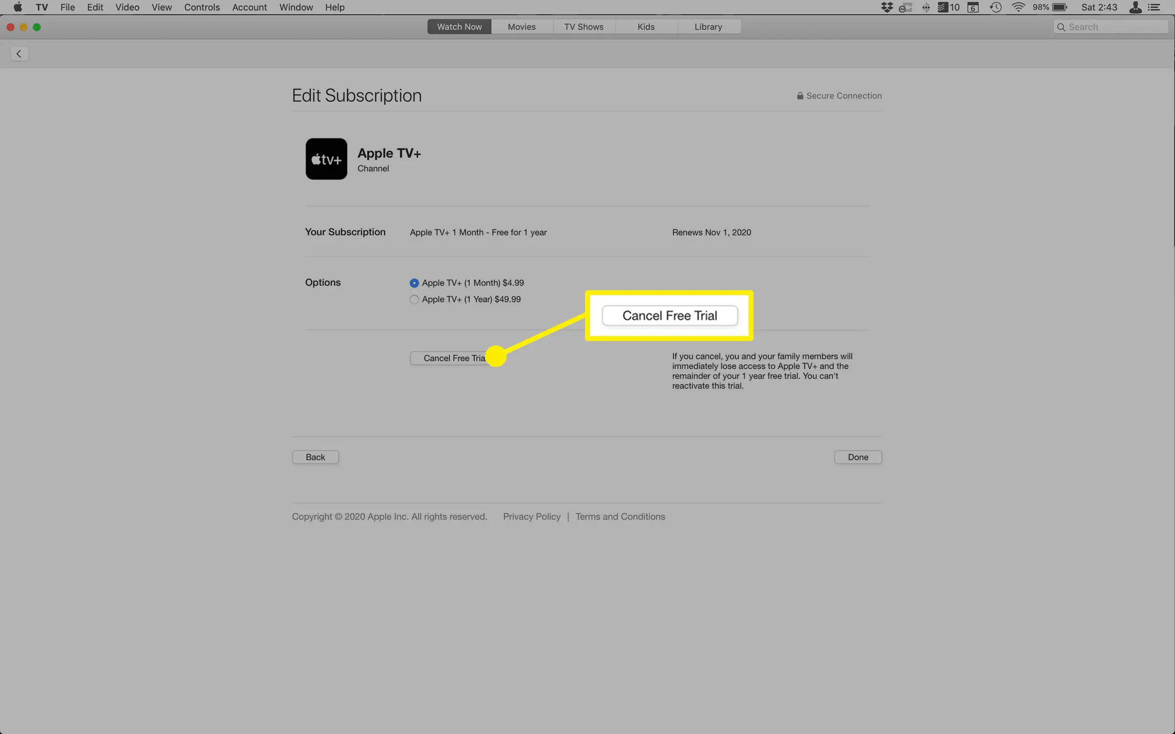 Captura de tela de assinatura individual em um ID Apple