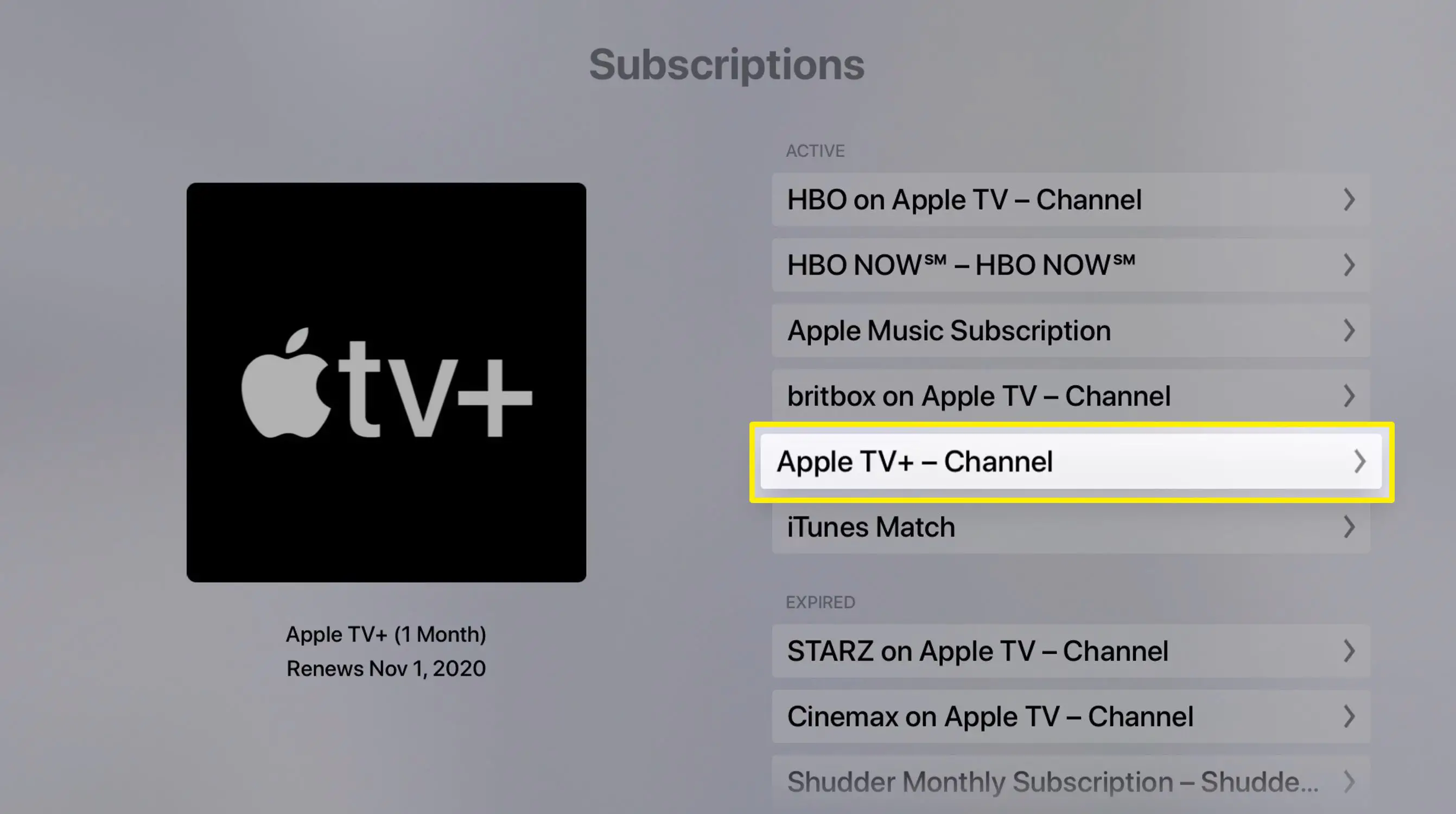 Captura de tela da lista de assinaturas da Apple TV