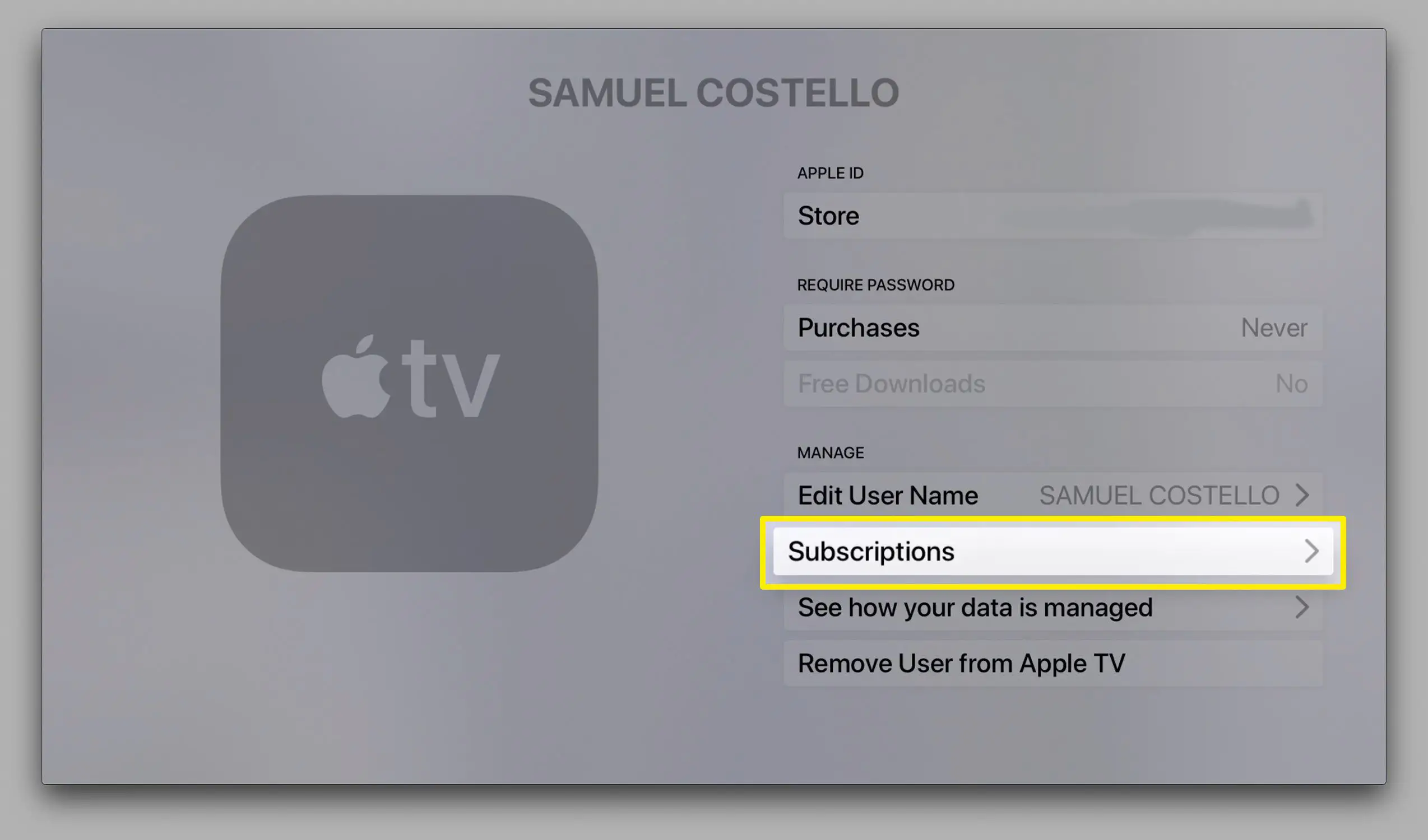 Captura de tela da tela de assinaturas da Apple TV