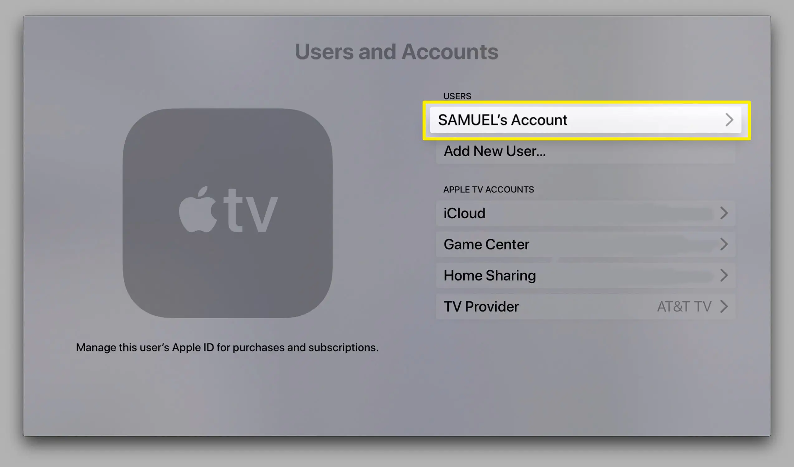 Captura de tela da tela de contas da Apple TV