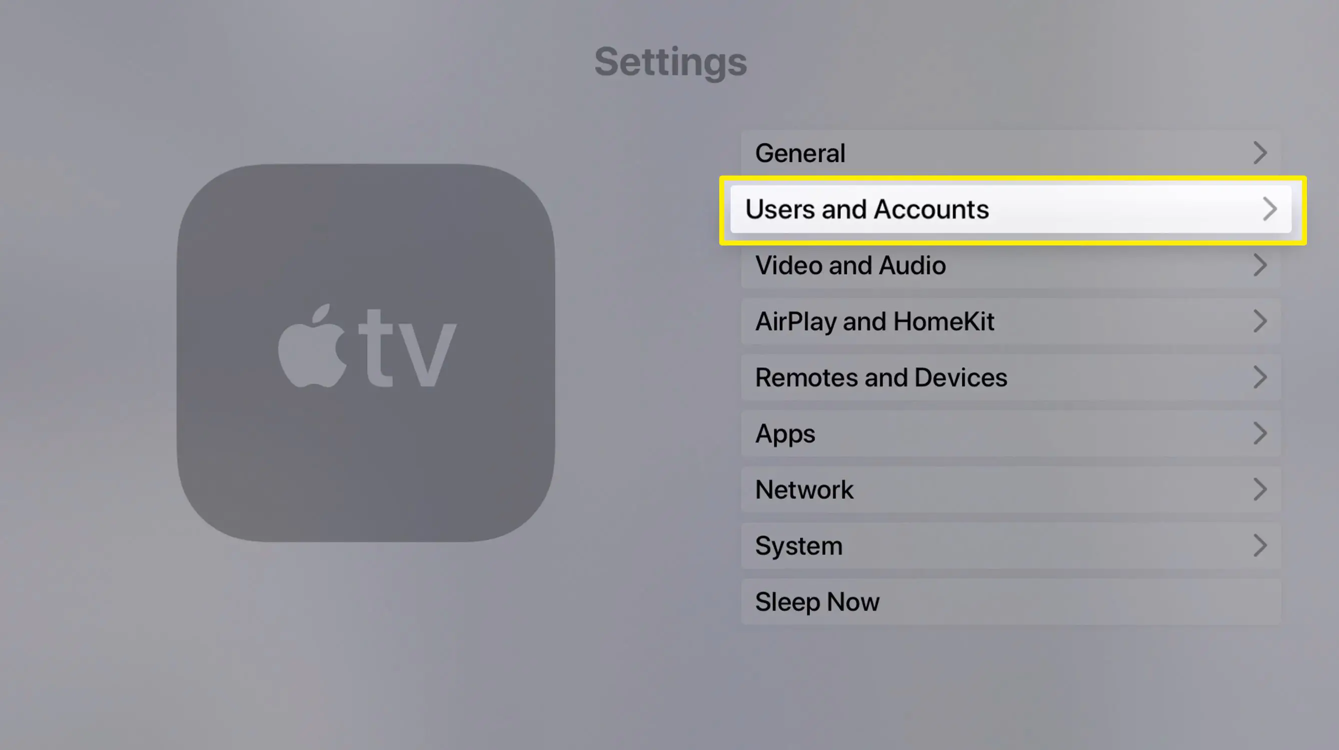 Captura de tela do aplicativo de configurações da Apple TV