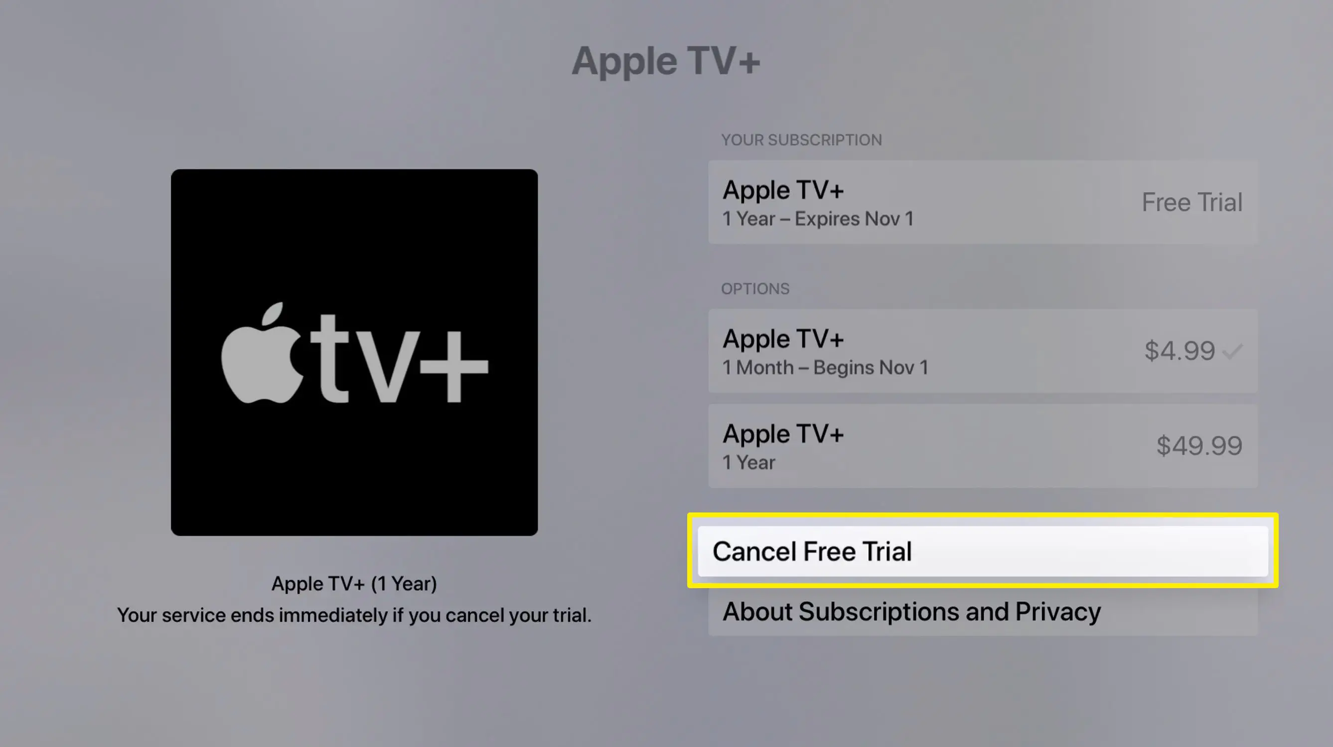 Captura de tela do cancelamento de uma assinatura da Apple TV