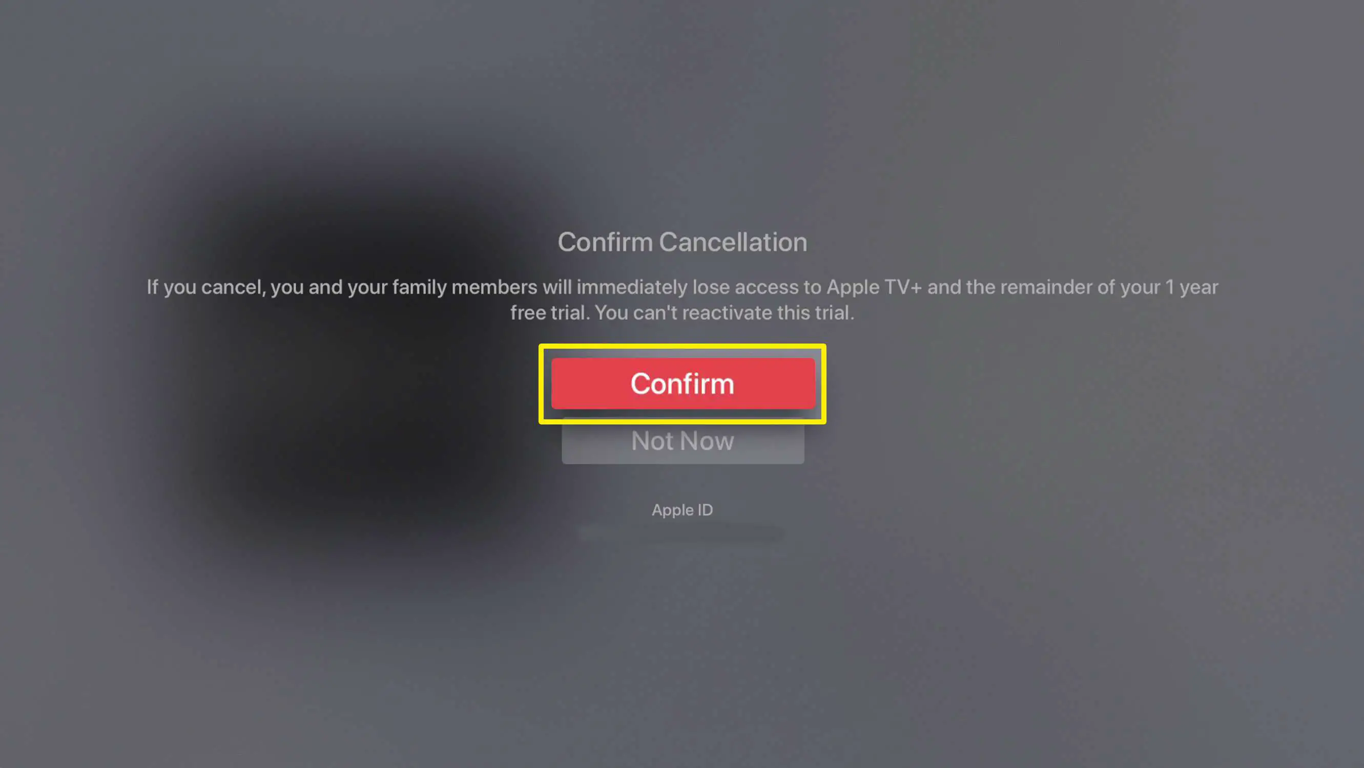 Captura de tela de confirmação do cancelamento de uma assinatura da Apple TV