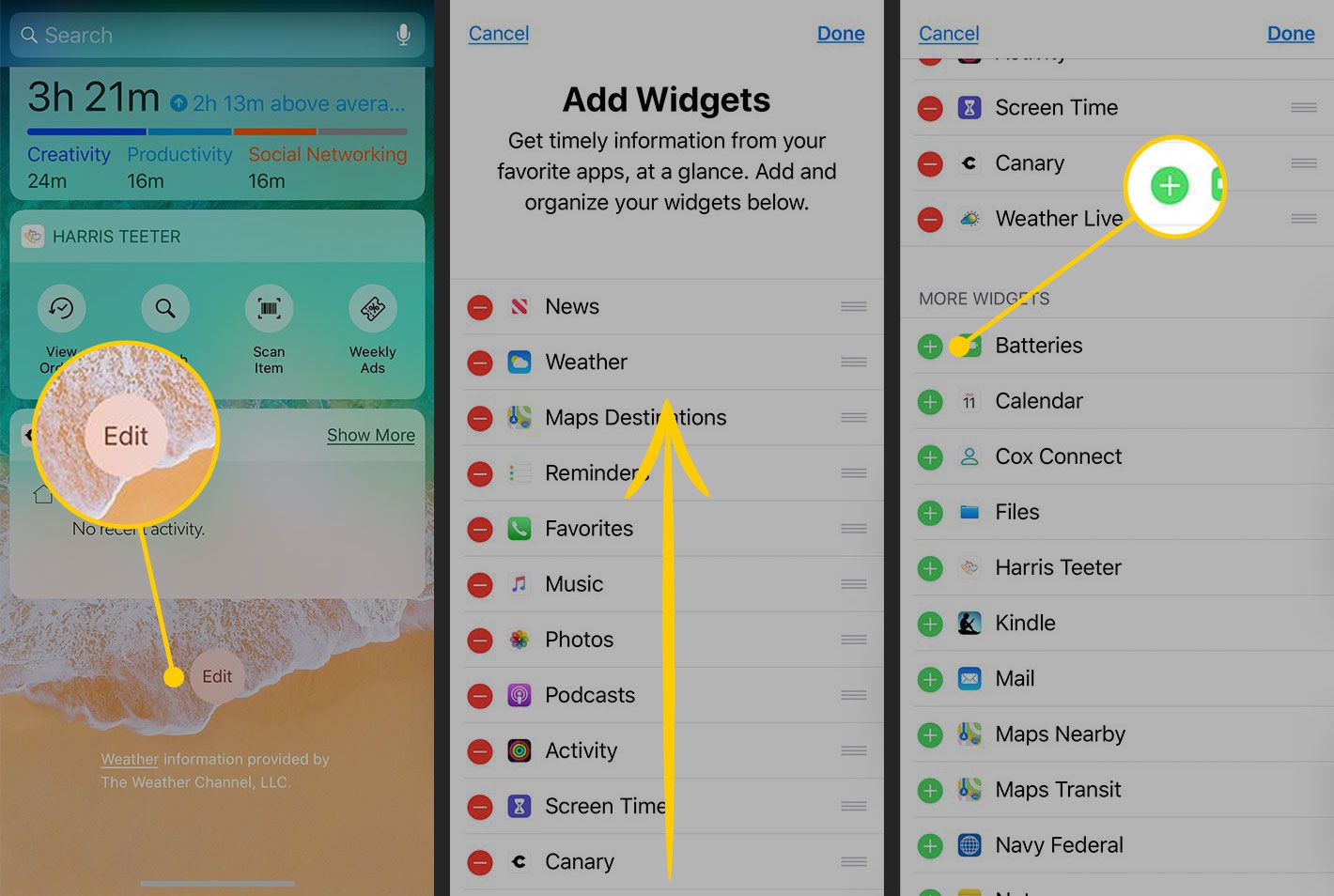 Central de Notificações no iOS com os botões Editar e Adicionar Widget destacados