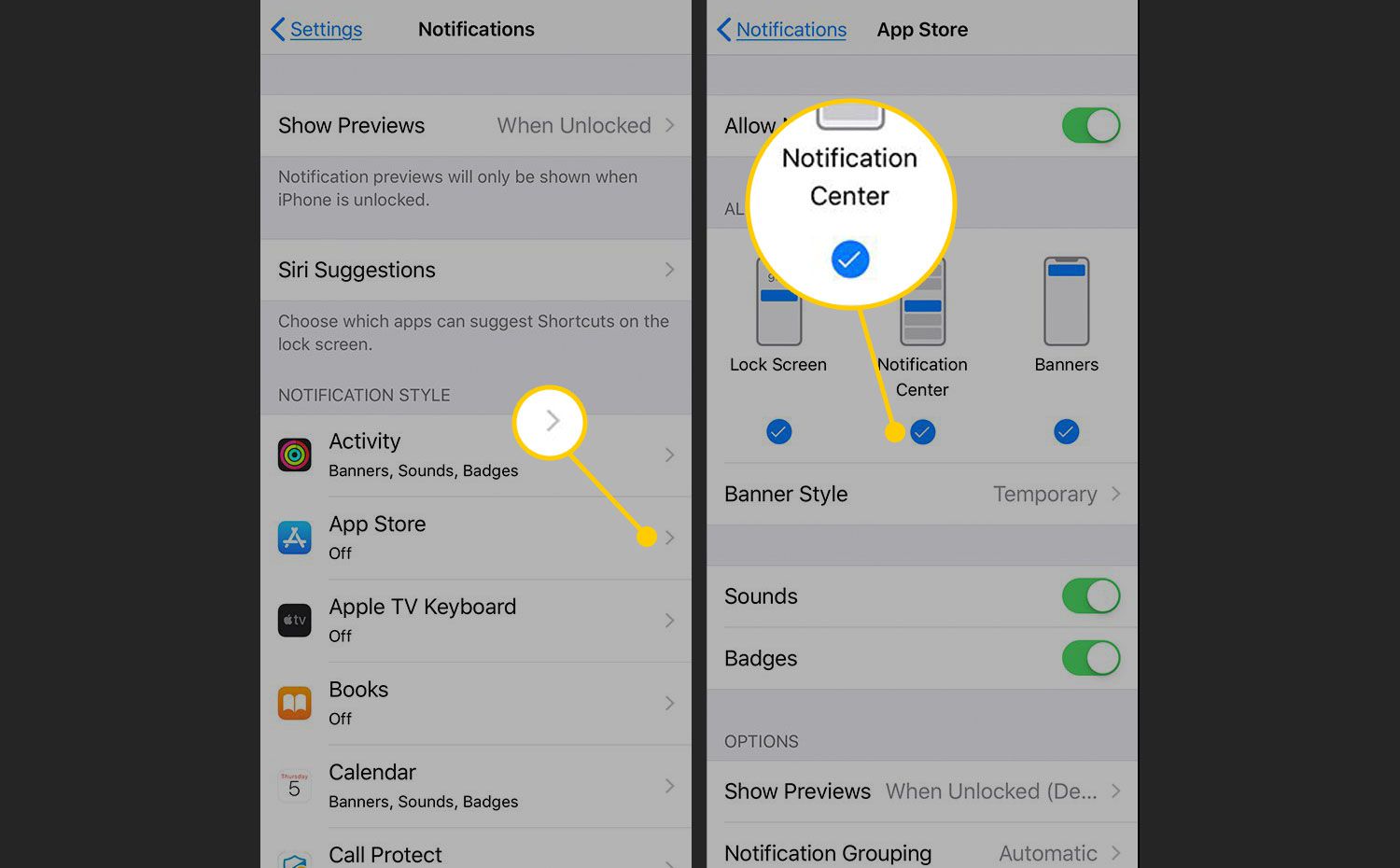 Tela de notificações para um aplicativo nas configurações do iOS