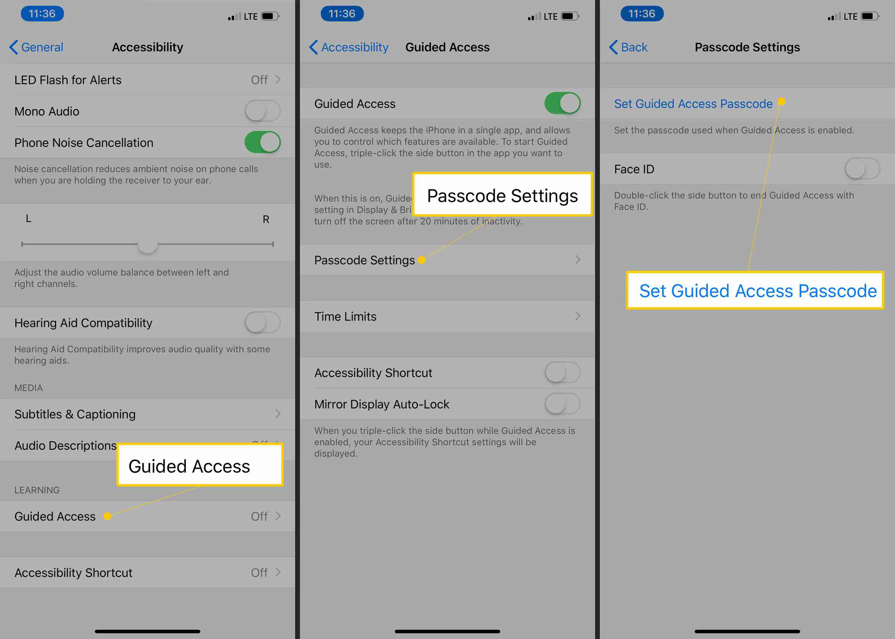 Acessibilidade, acesso guiado, configurações de senha, botões Definir senha de acesso guiado nas configurações do iOS