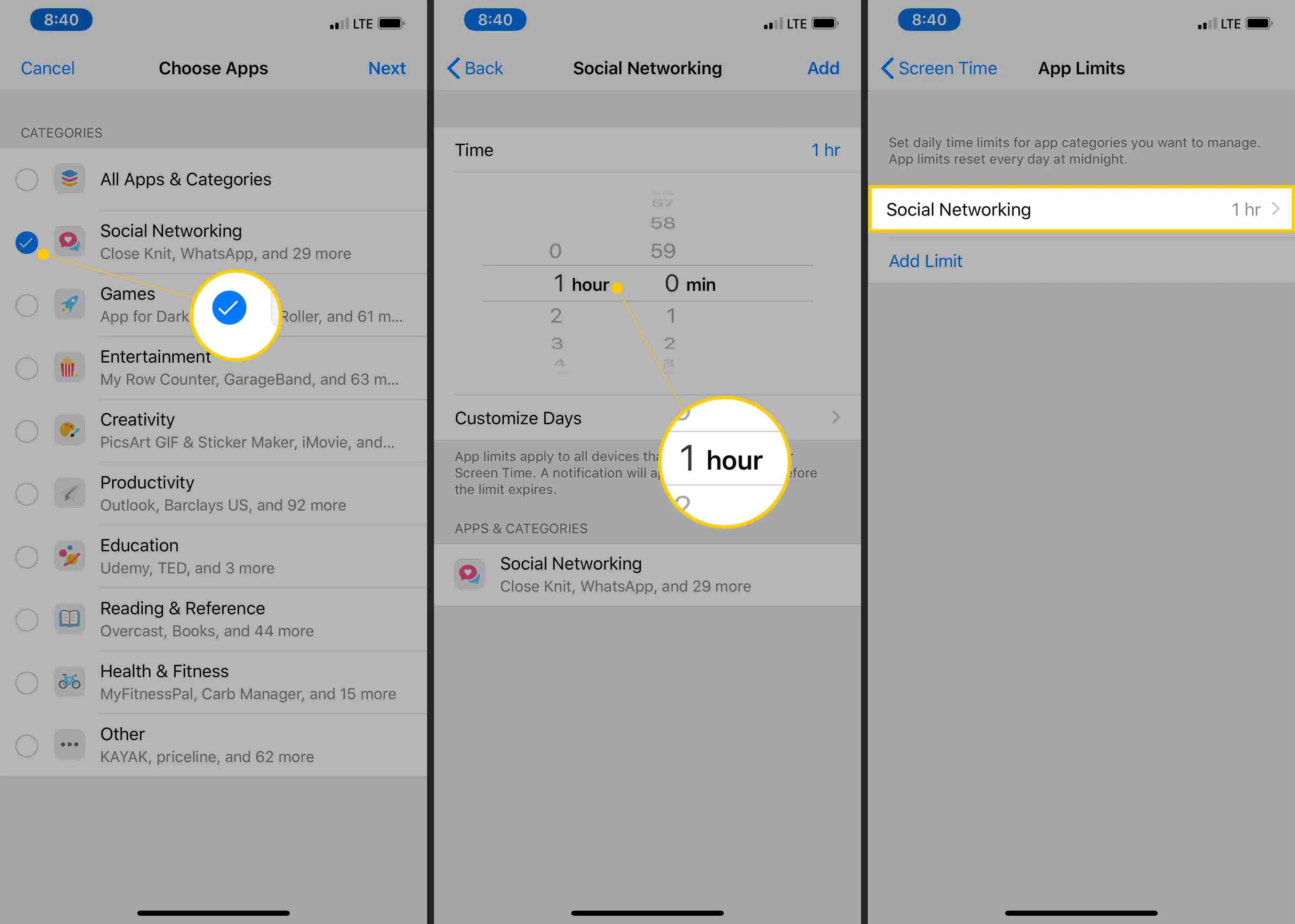 Caixa de seleção, restrições de tempo e lista de limites de aplicativos nas configurações do iOS
