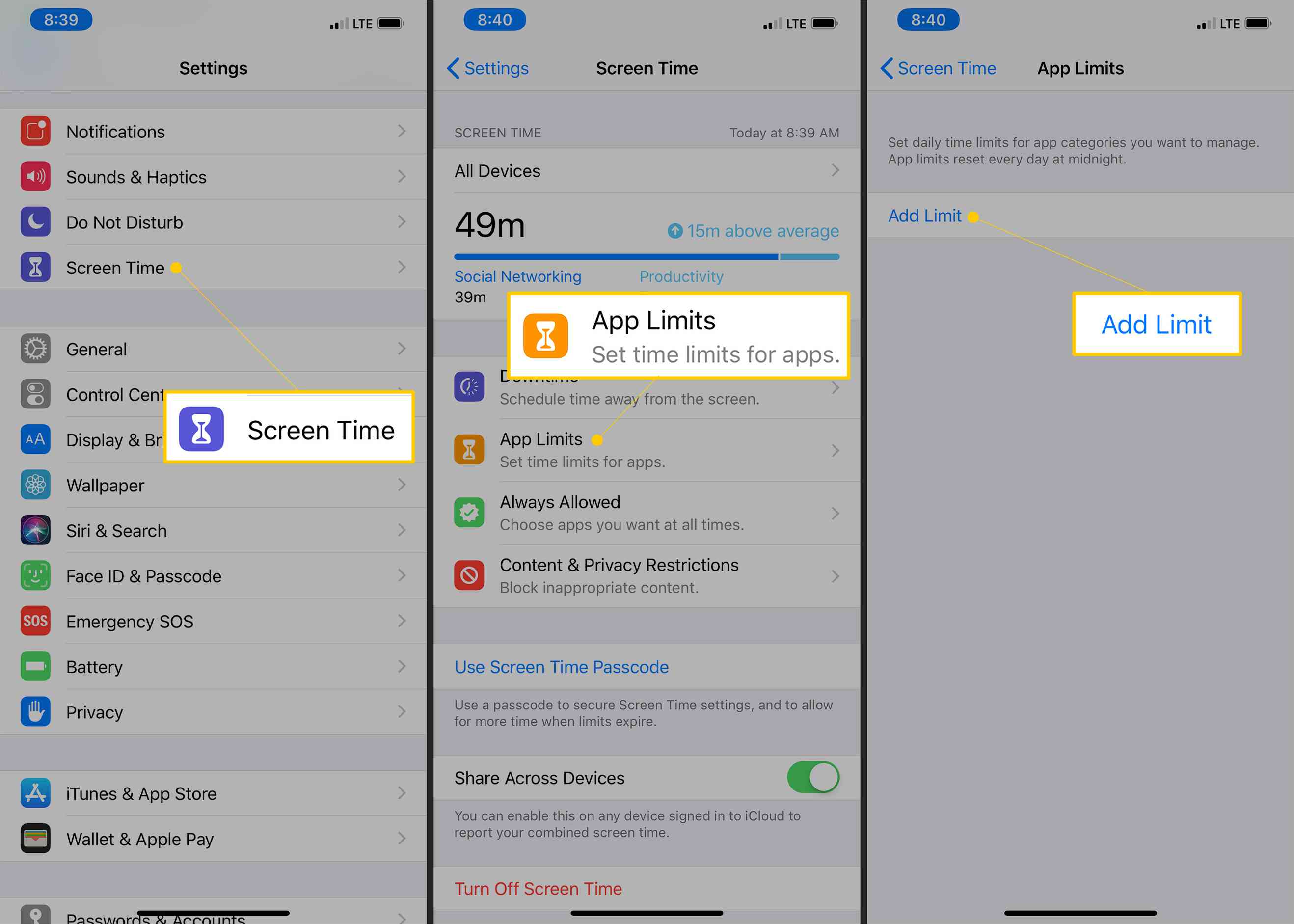 Botões de Tempo de tela, Limites de aplicativos e Adicionar limite nas configurações do iOS