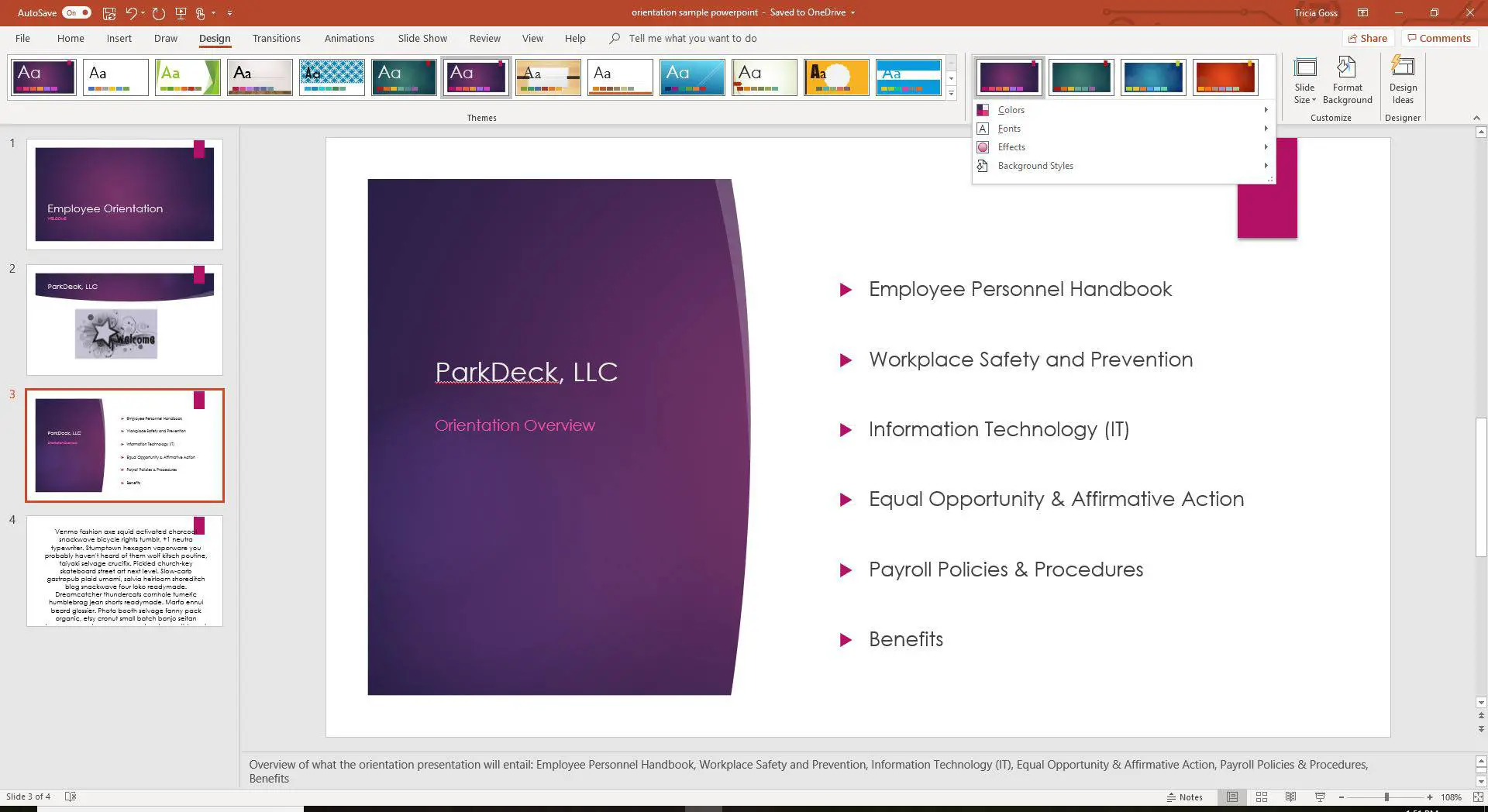 Uma captura de tela mostrando a lista suspensa Variantes no PowerPoint.