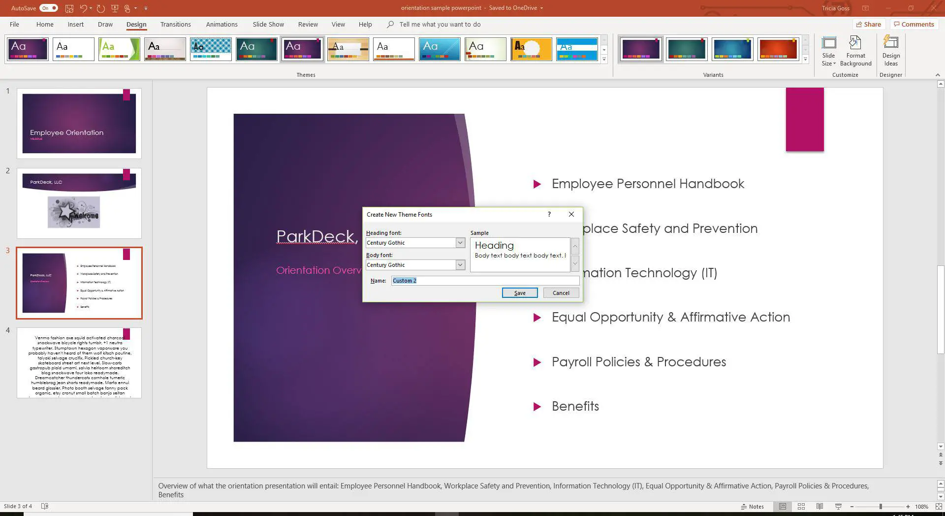 Uma captura de tela criando fontes de tema personalizadas no PowerPoint.
