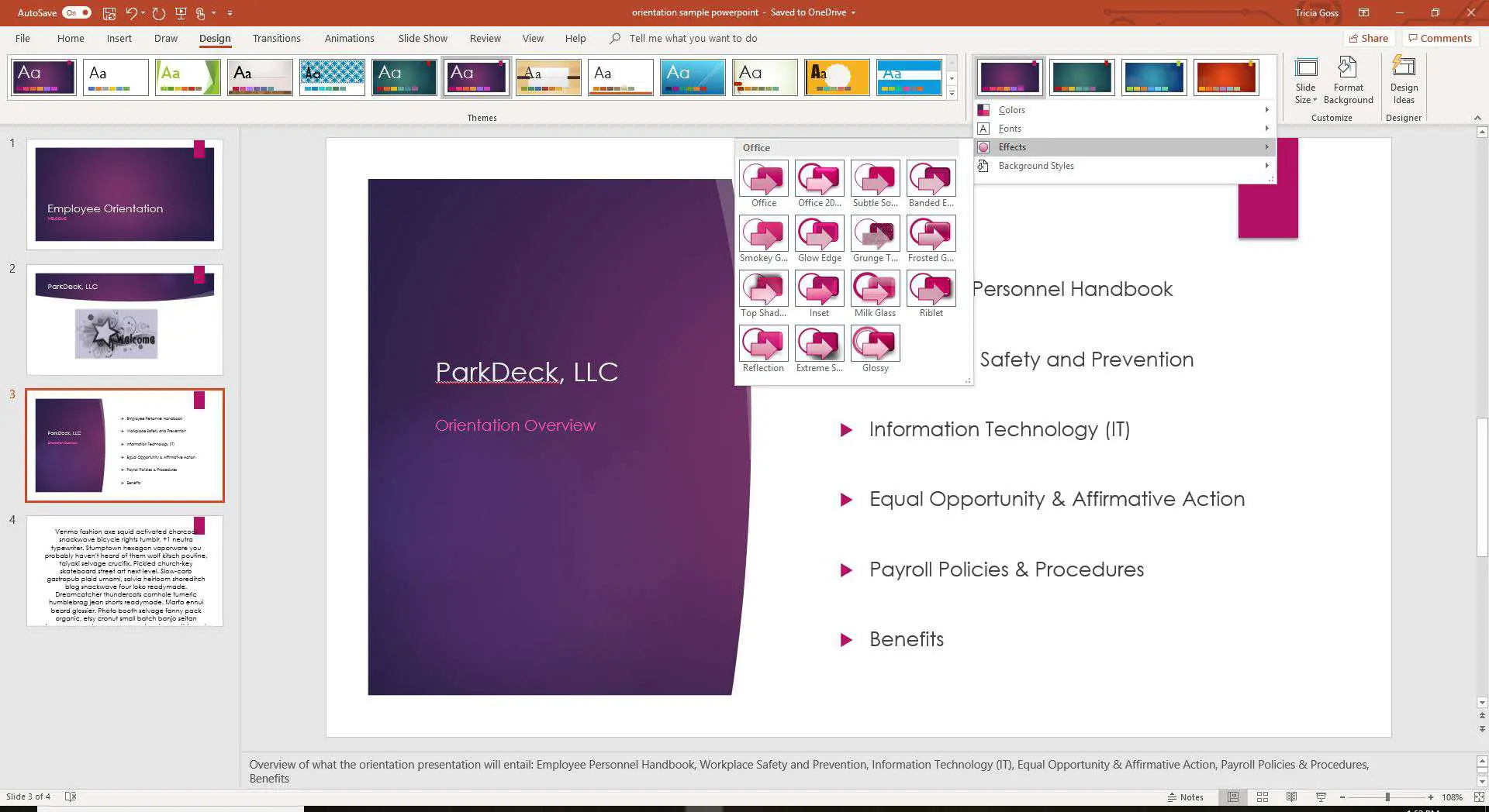 Uma captura de tela mostrando as opções de efeitos do PowerPoint.