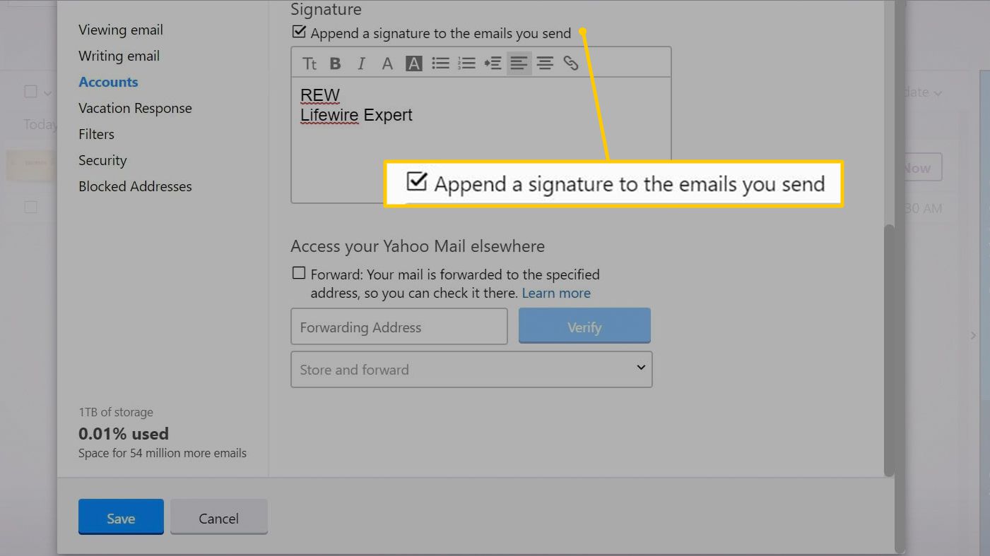 Anexe uma assinatura à caixa de seleção de e-mails que você enviar no Yahoo Mail