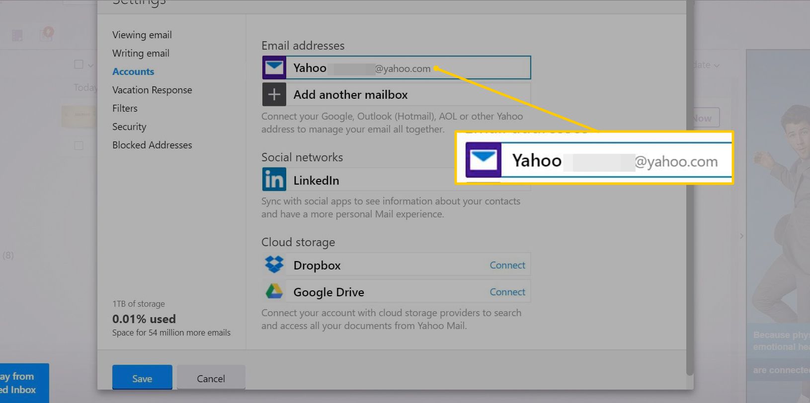 Conta do Yahoo Mail em Configurações