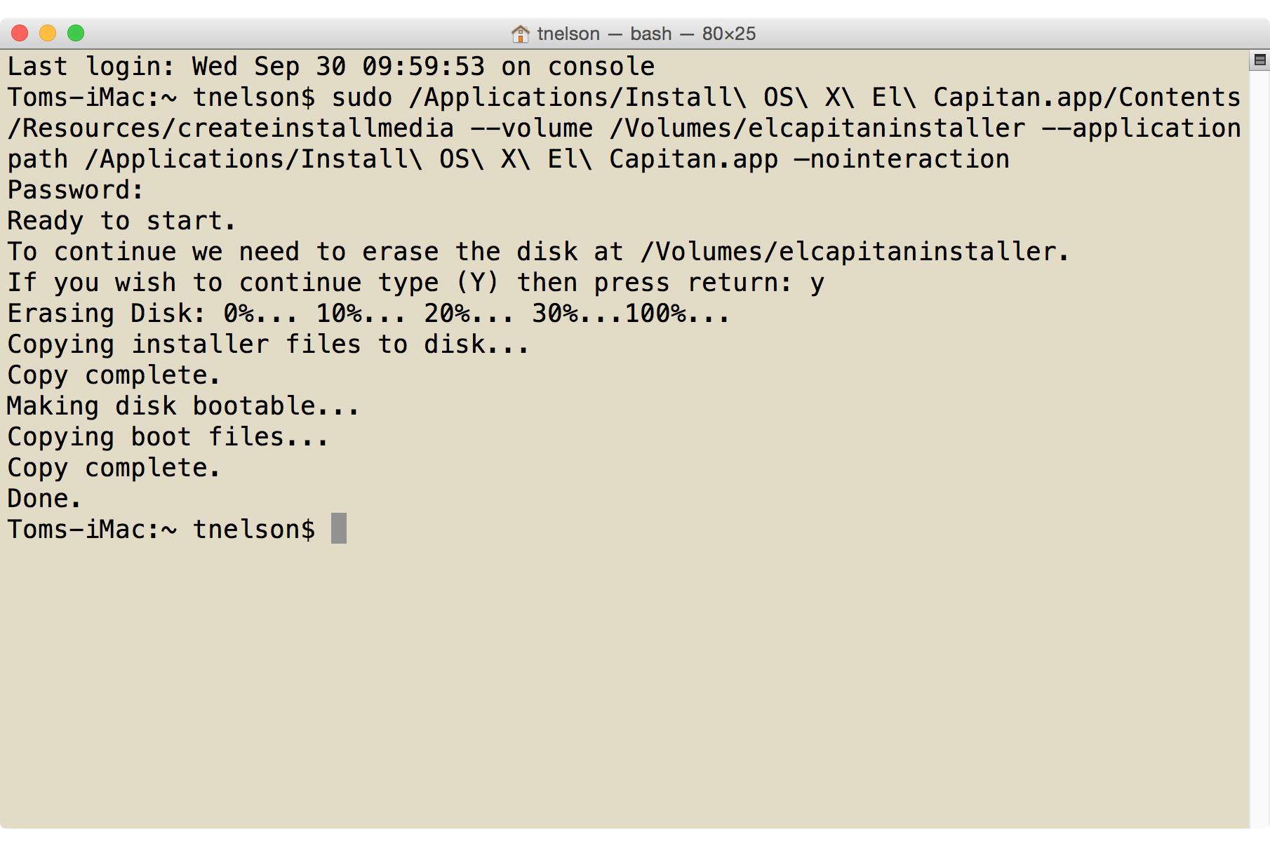 Comando de terminal para criar unidade flash USB inicializável do OS X El Capitan