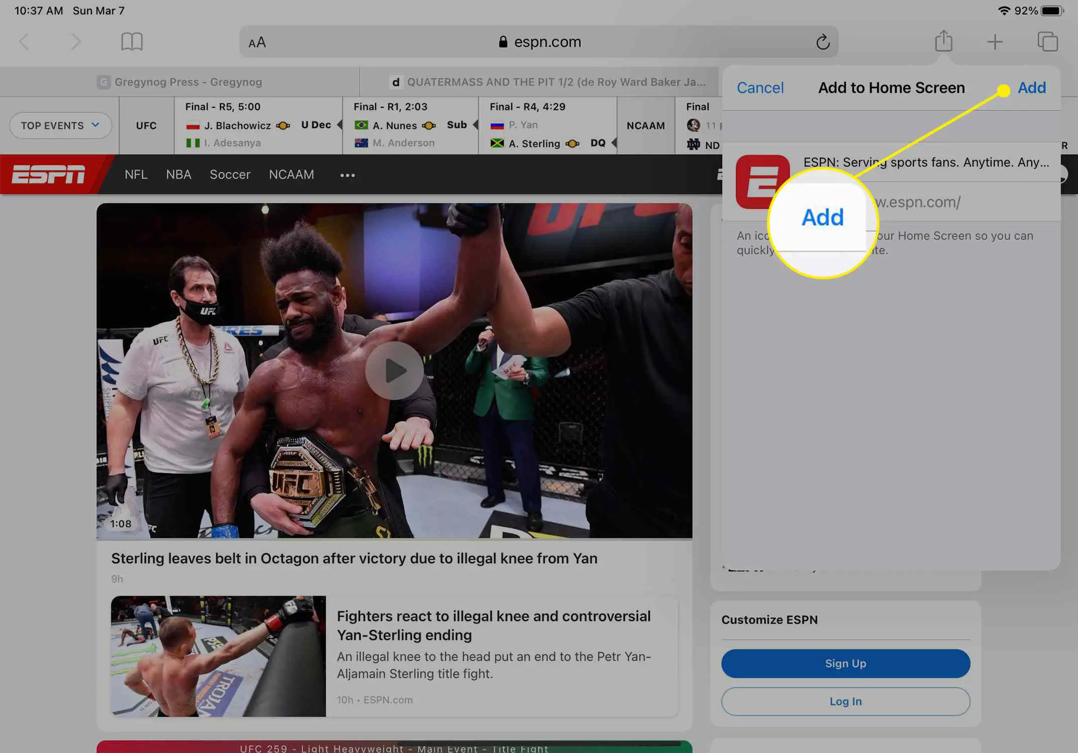 Site da ESPN no iPad com Adicionar destacado