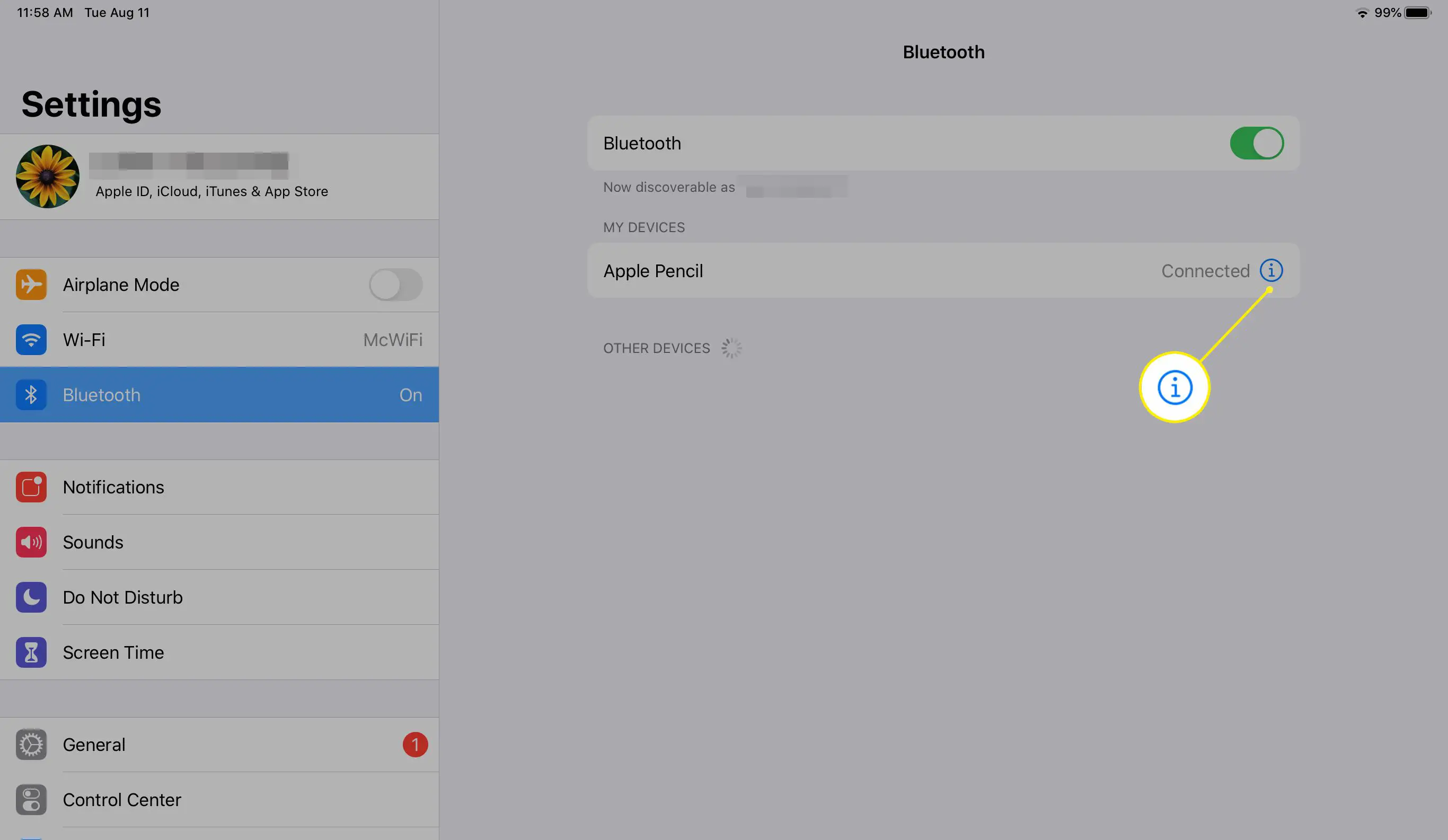 O ícone de informações próximo ao Apple Pencil na tela de configurações do Bluetooth