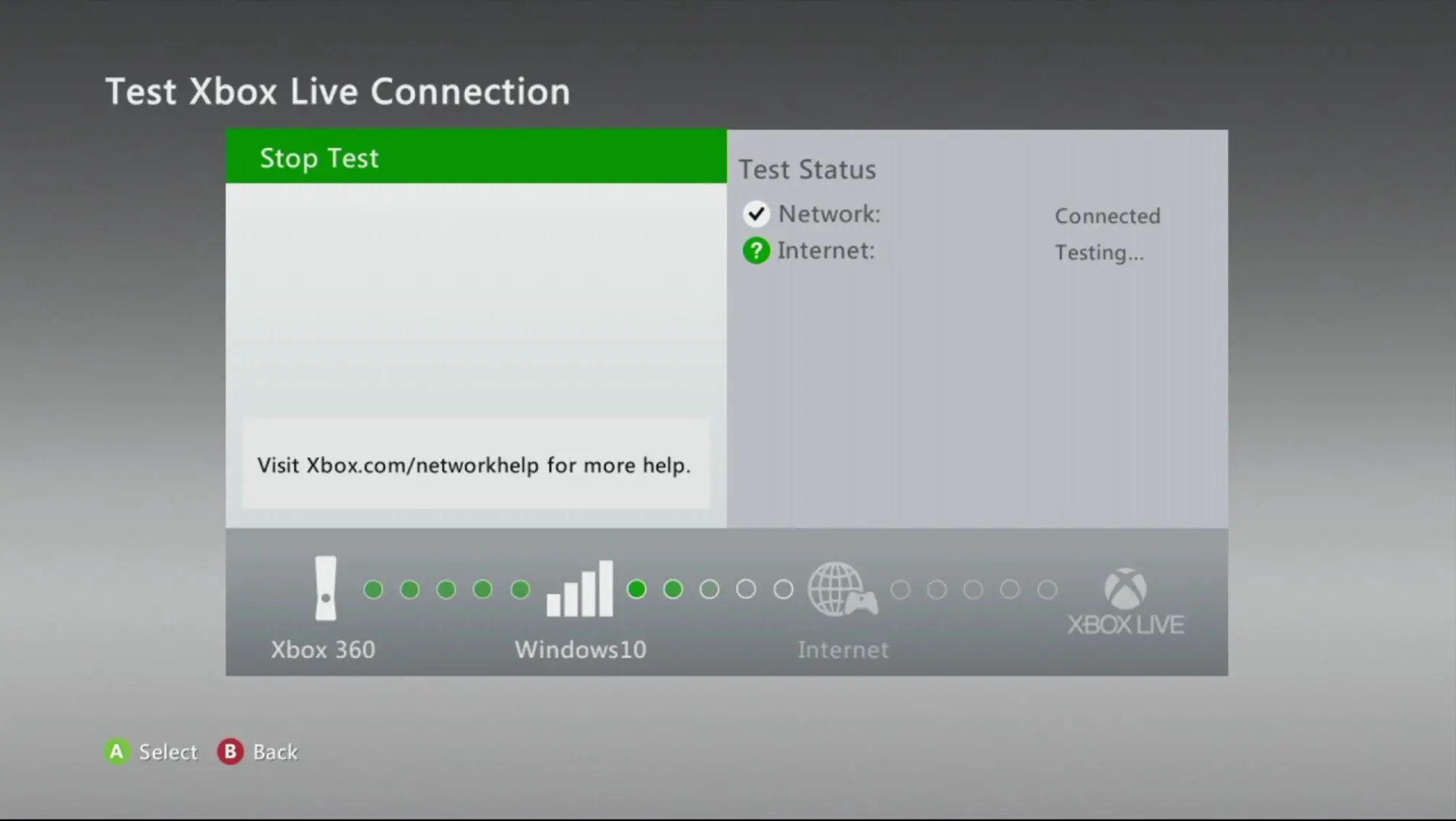 Teste de conexão do Xbox Live em um 360