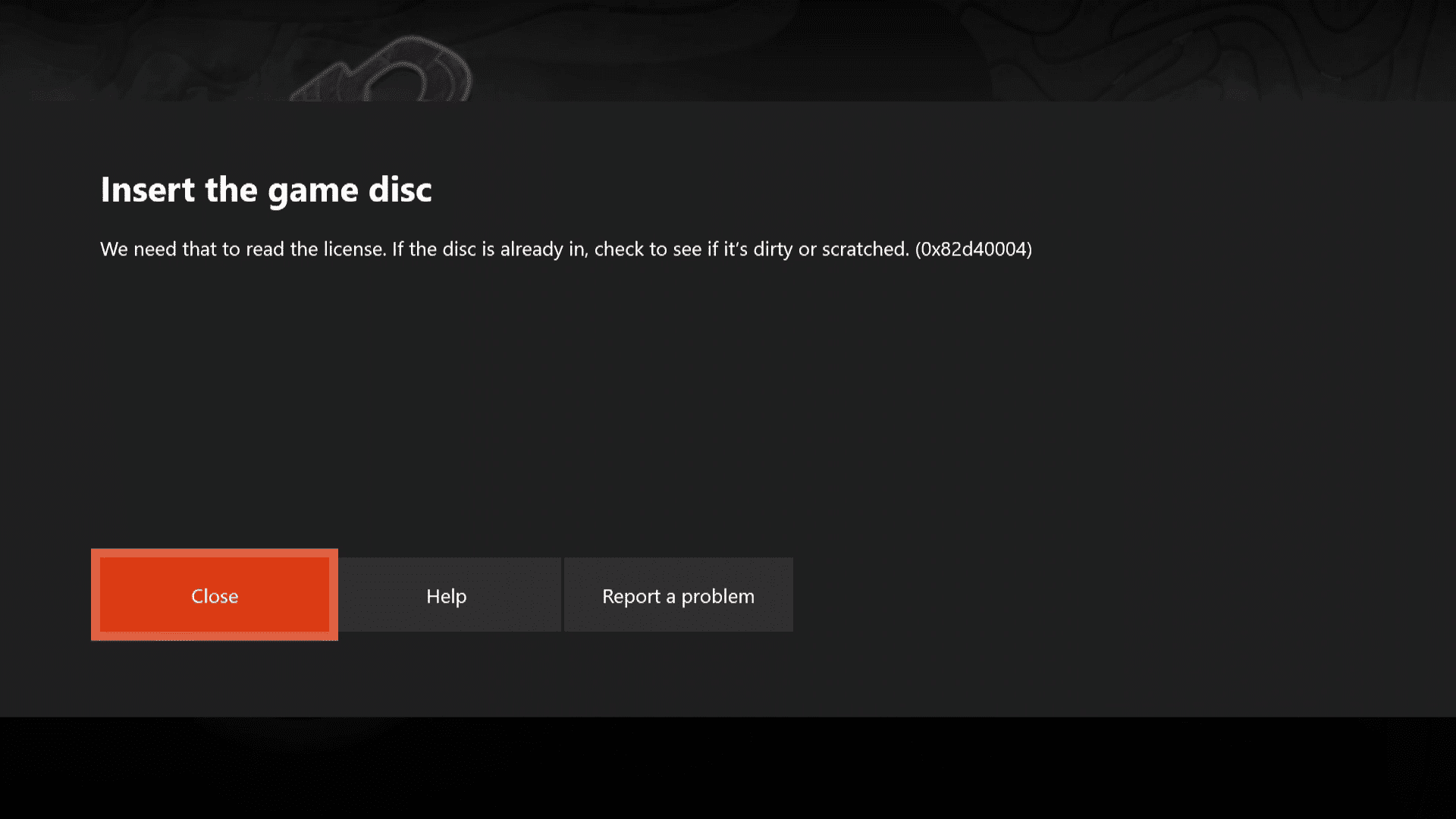 Uma captura de tela de um Xbox One solicitando um disco de jogo para fins de autorização.