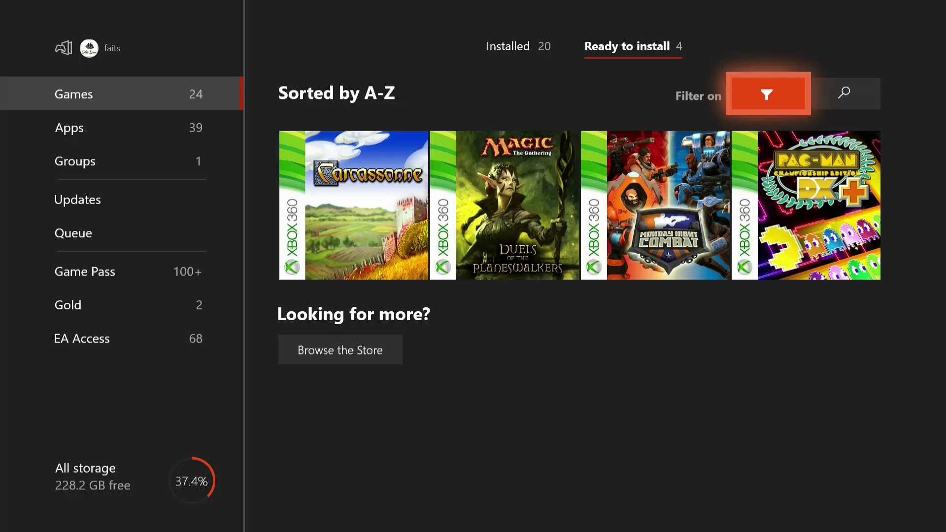 Uma captura de tela de jogos compatíveis com versões anteriores em um Xbox One.