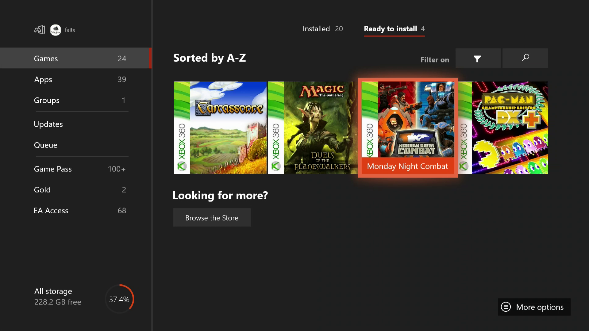 Uma captura de tela do menu de instalação de jogos do Xbox One.