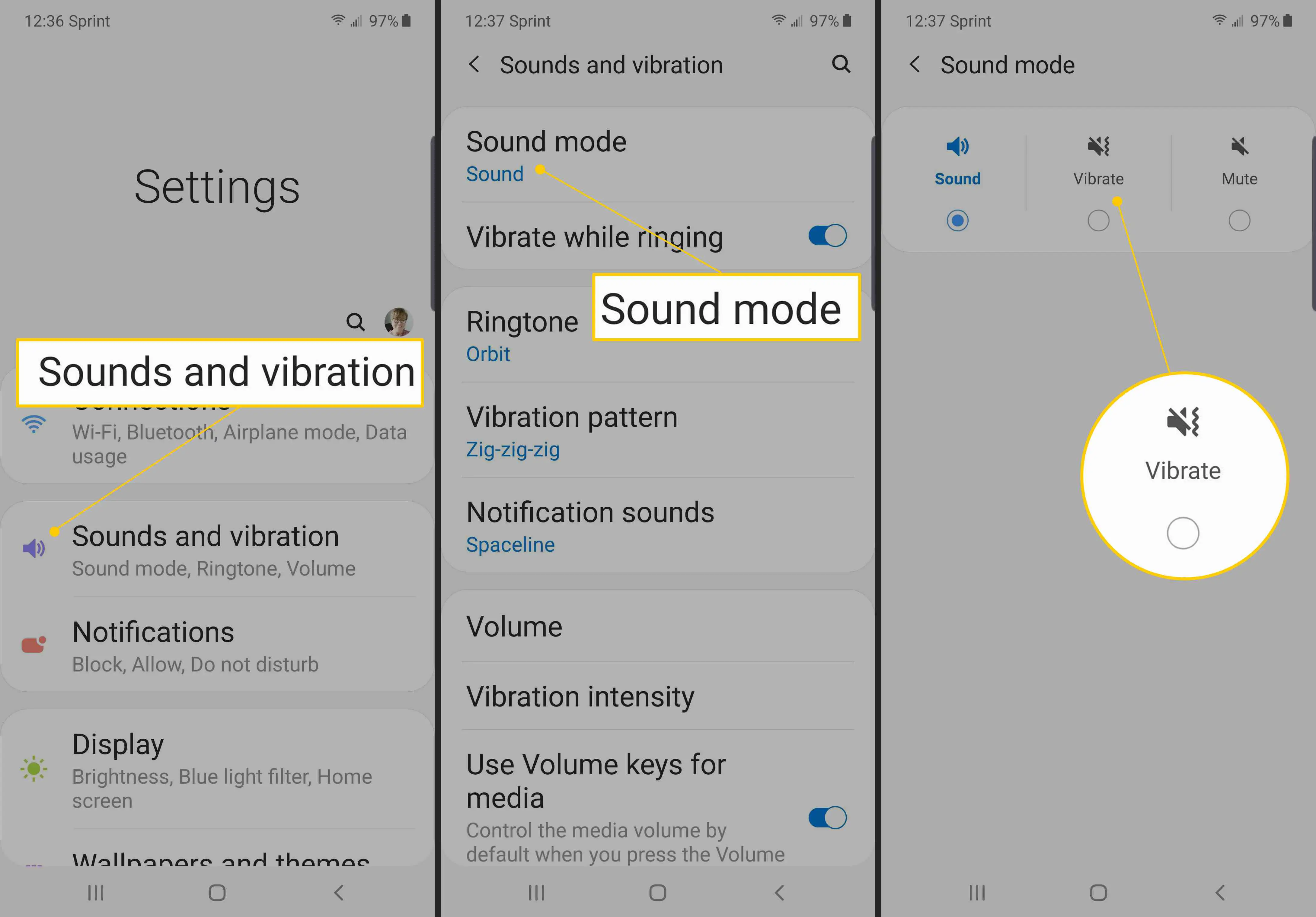Sons e vibração, modo de som, caixa de seleção Vibrar no Android
