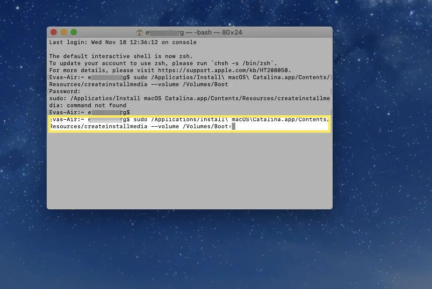 Digite o comando no Terminal para criar uma unidade macOS inicializável