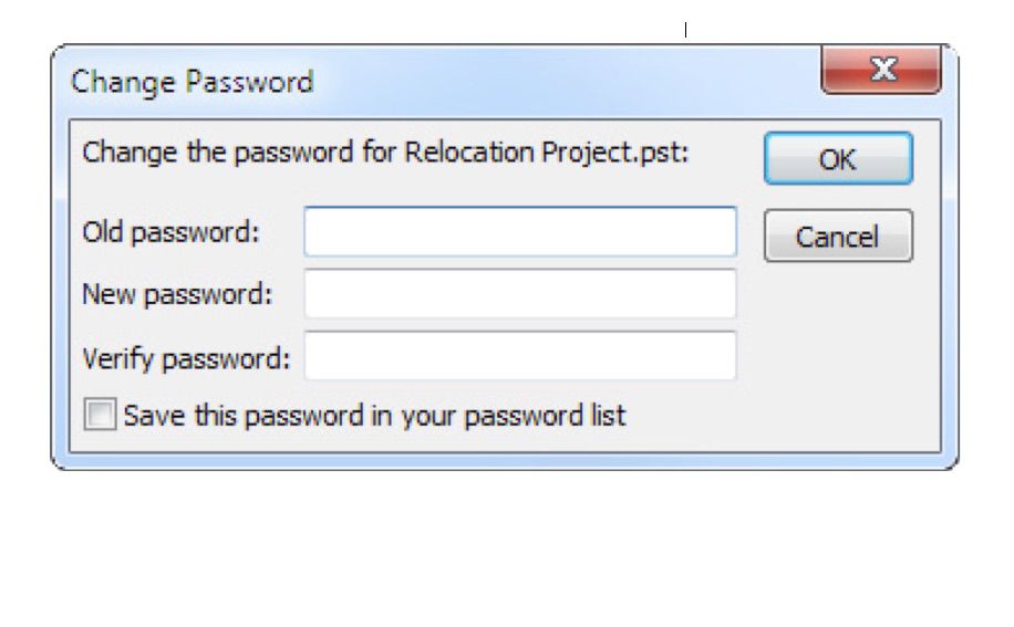 Caixa de diálogo Outlook Change PST Password