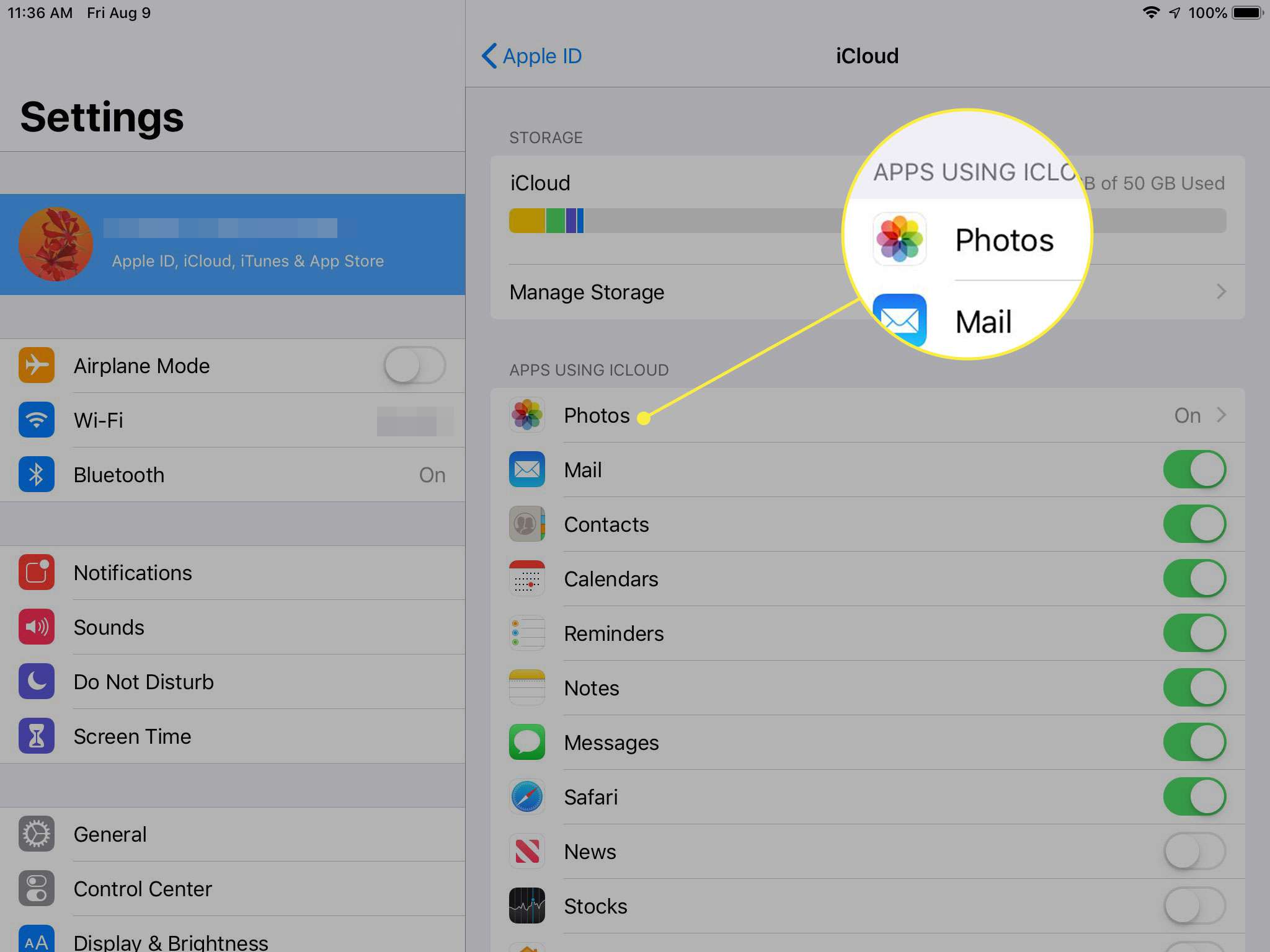 Uma captura de tela das configurações do iCloud do iPad com fotos destacadas