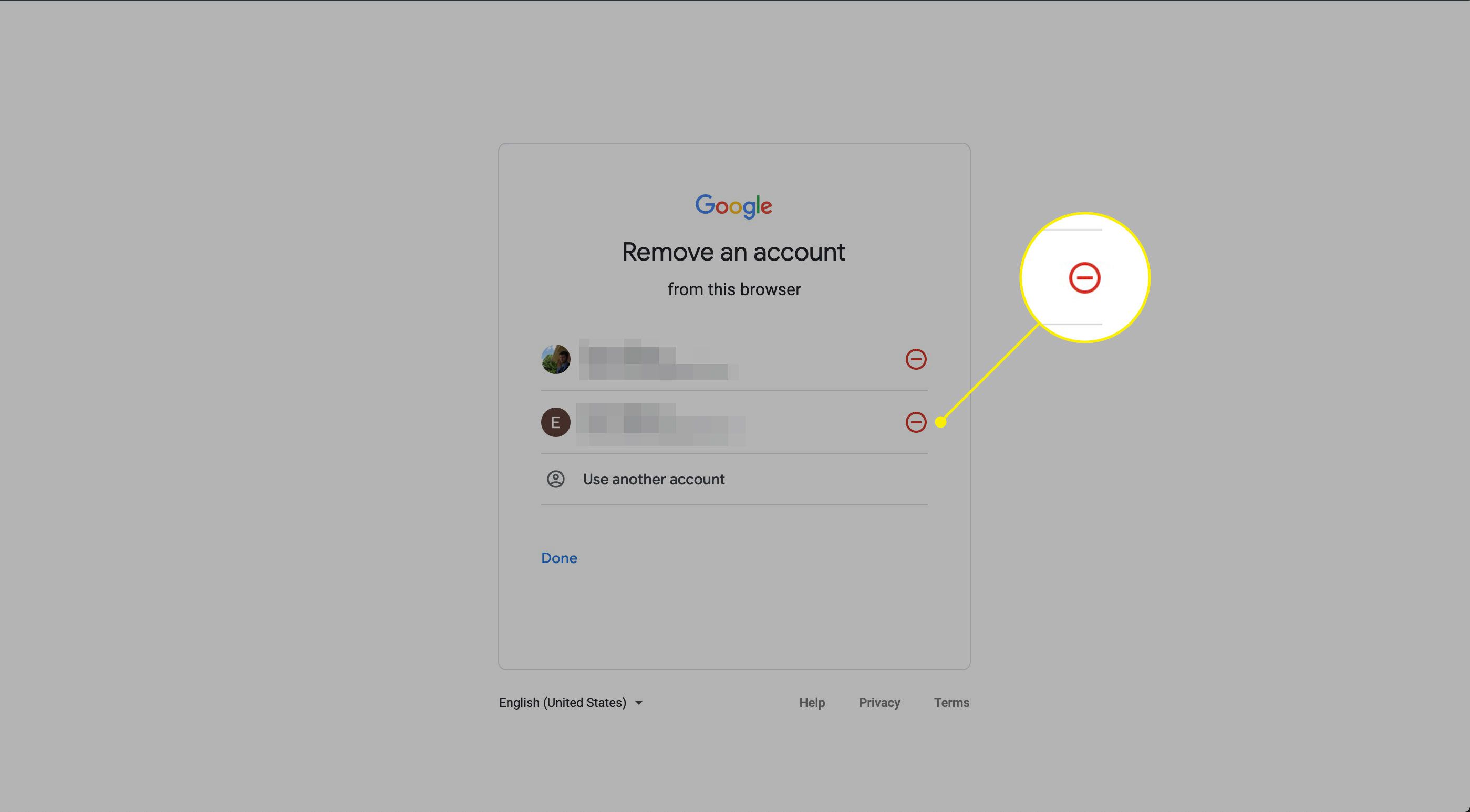O botão Remover para uma conta do Gmail