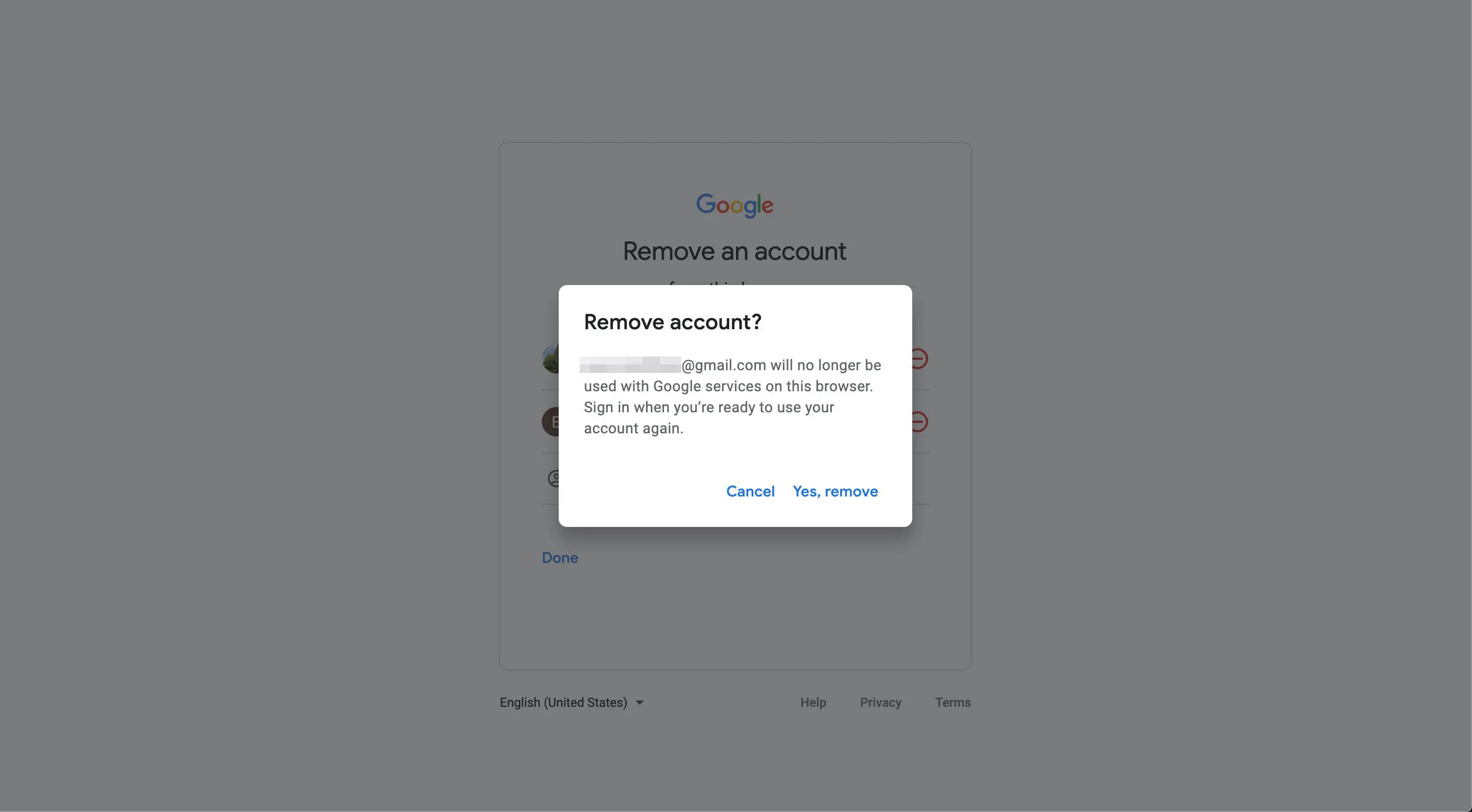 A janela de confirmação "Remover conta" no Gmail