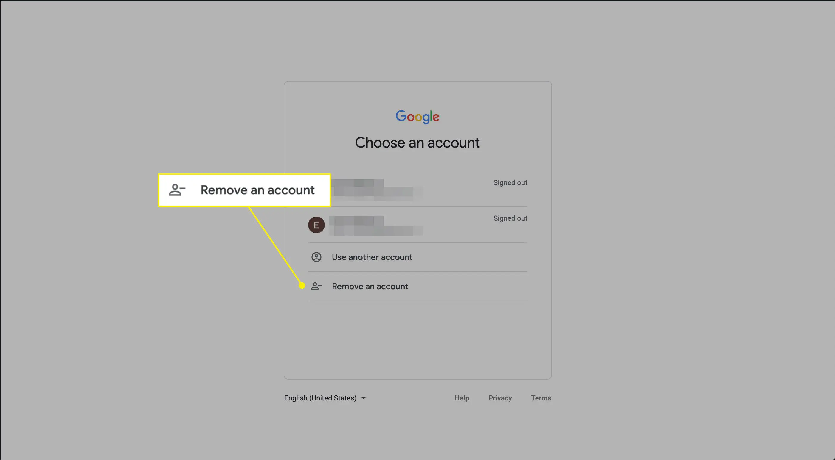 O "Remover uma conta" comando na página de seleção de conta do Gmail