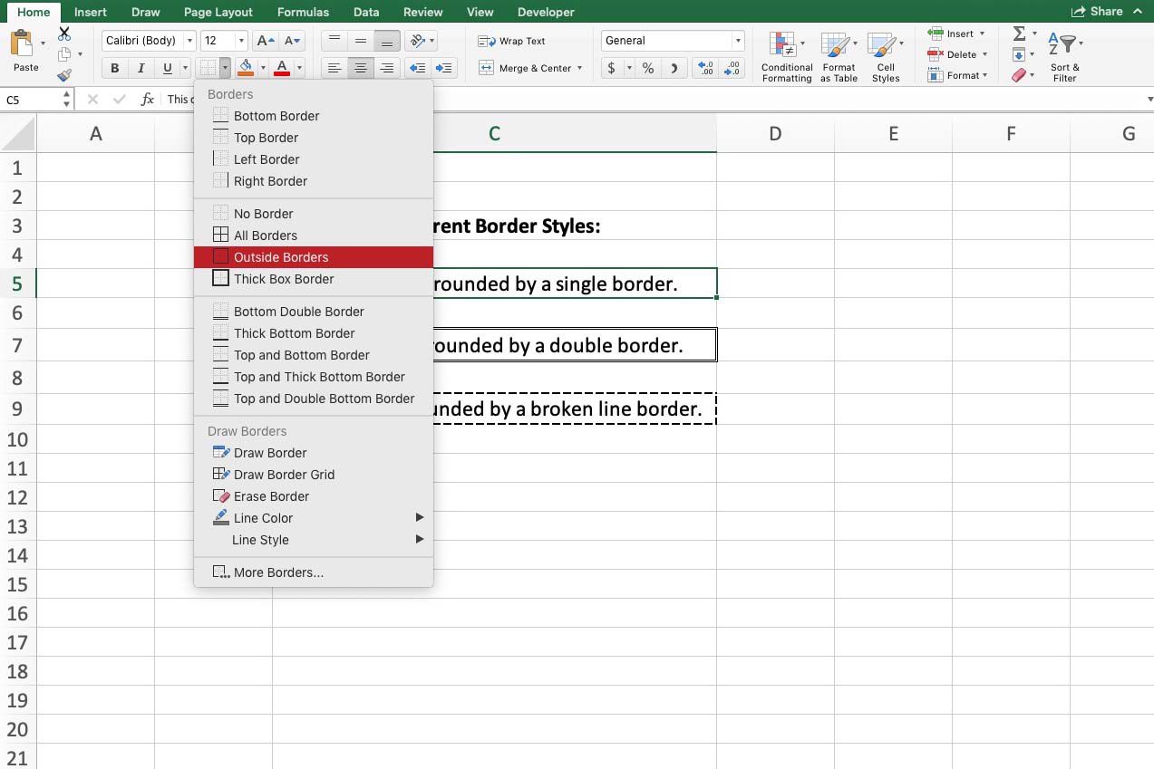 Excel mostrando como adicionar bordas da faixa de opções